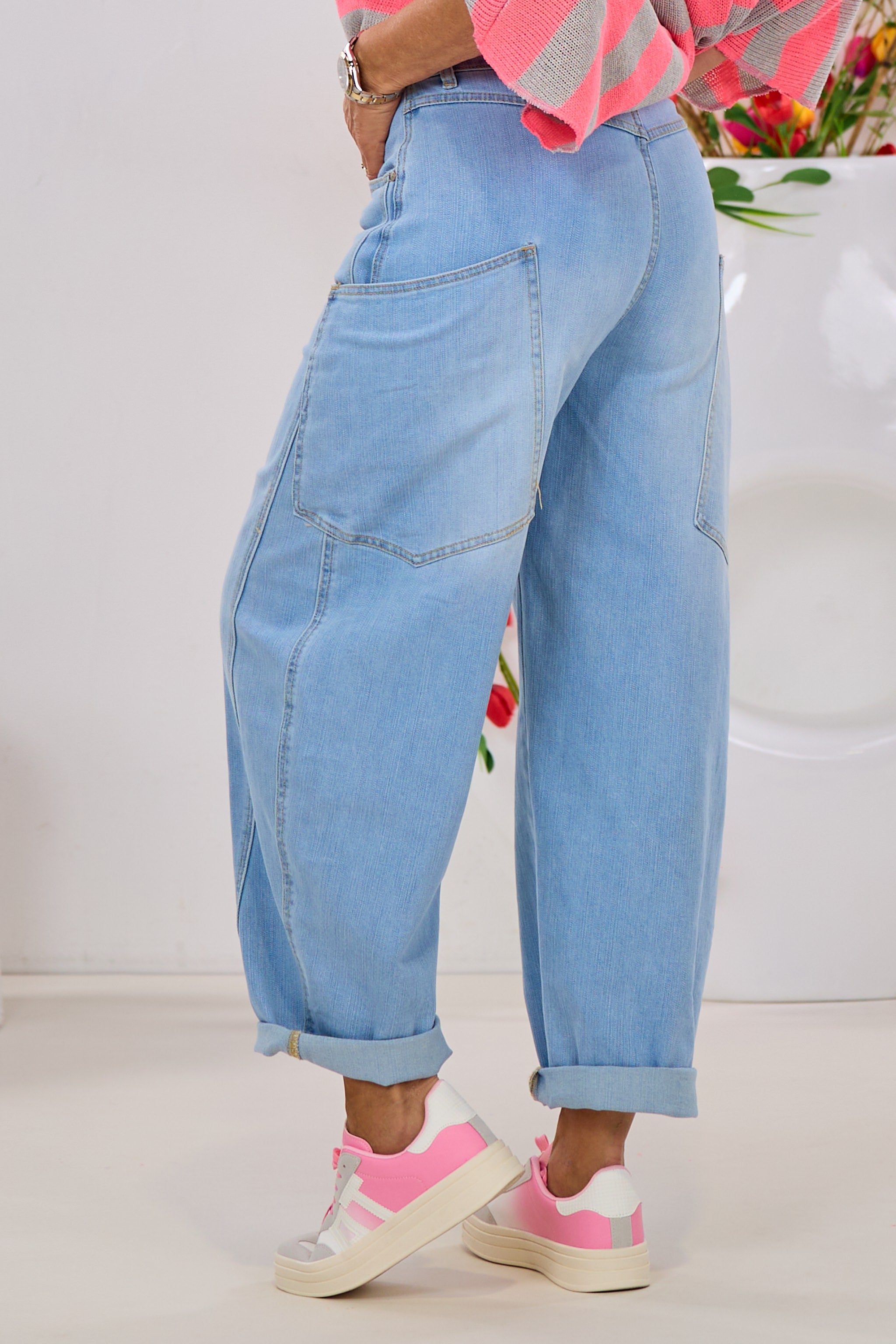Mid Waist Balloon-Jeans mit Steppnaht, hell denim