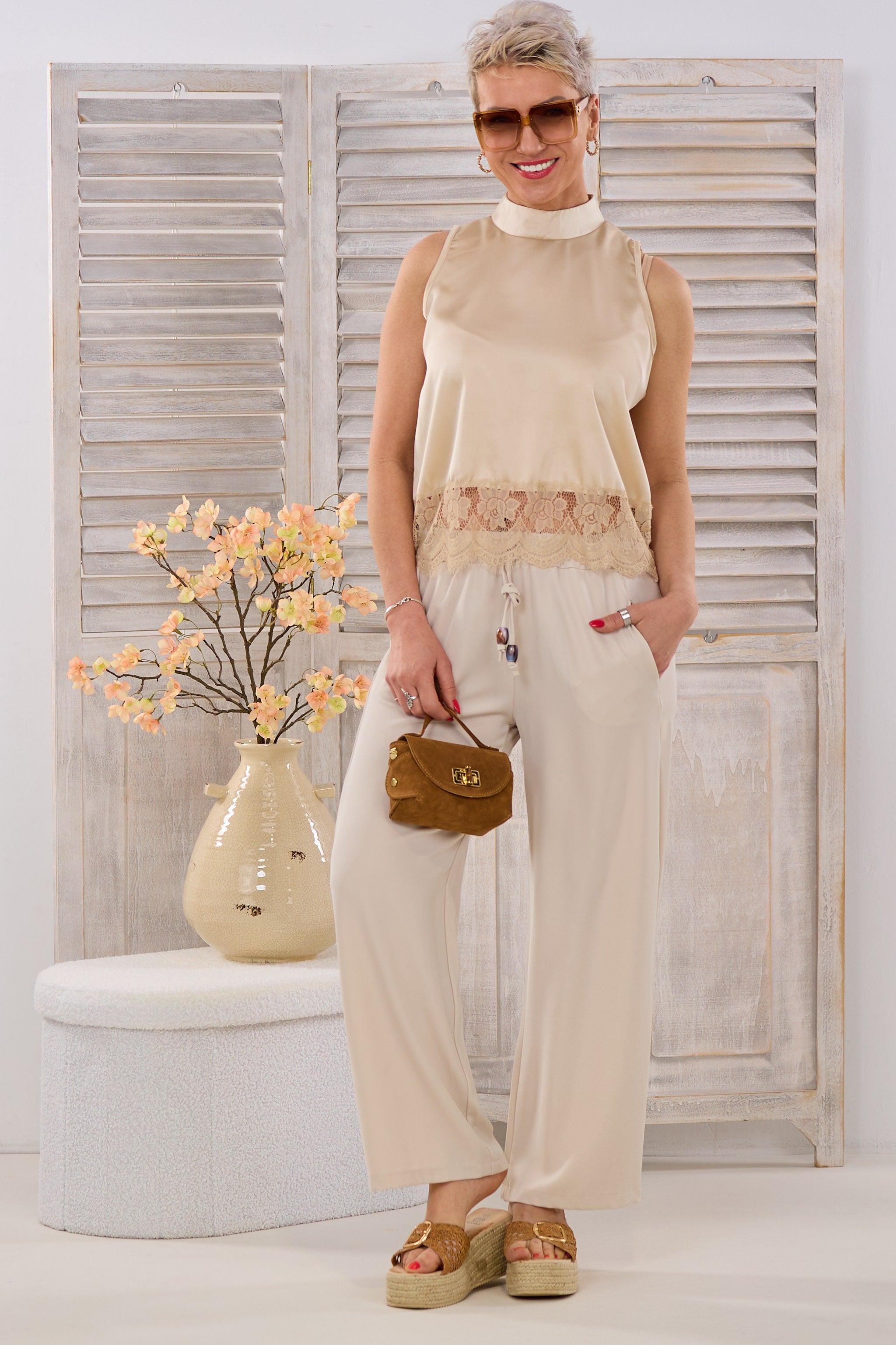 Blusen-Top mit Spitze, champagner