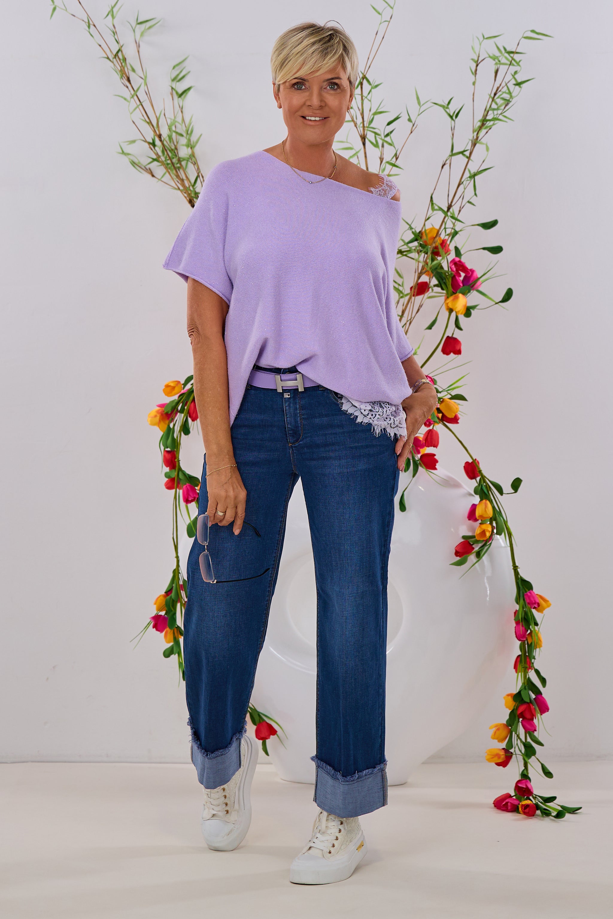 quergestrickter Pulli mit Silberfaden, flieder