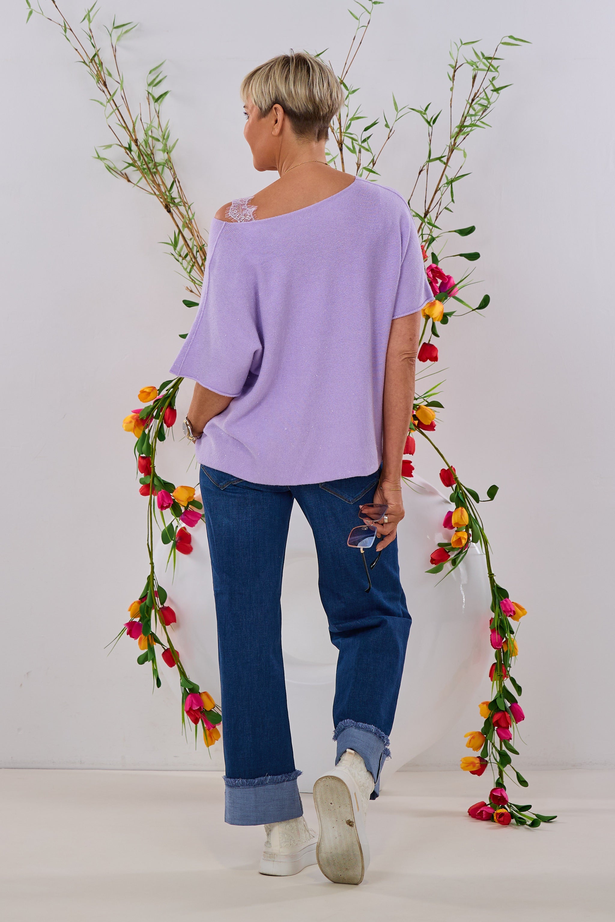 quergestrickter Pulli mit Silberfaden, flieder