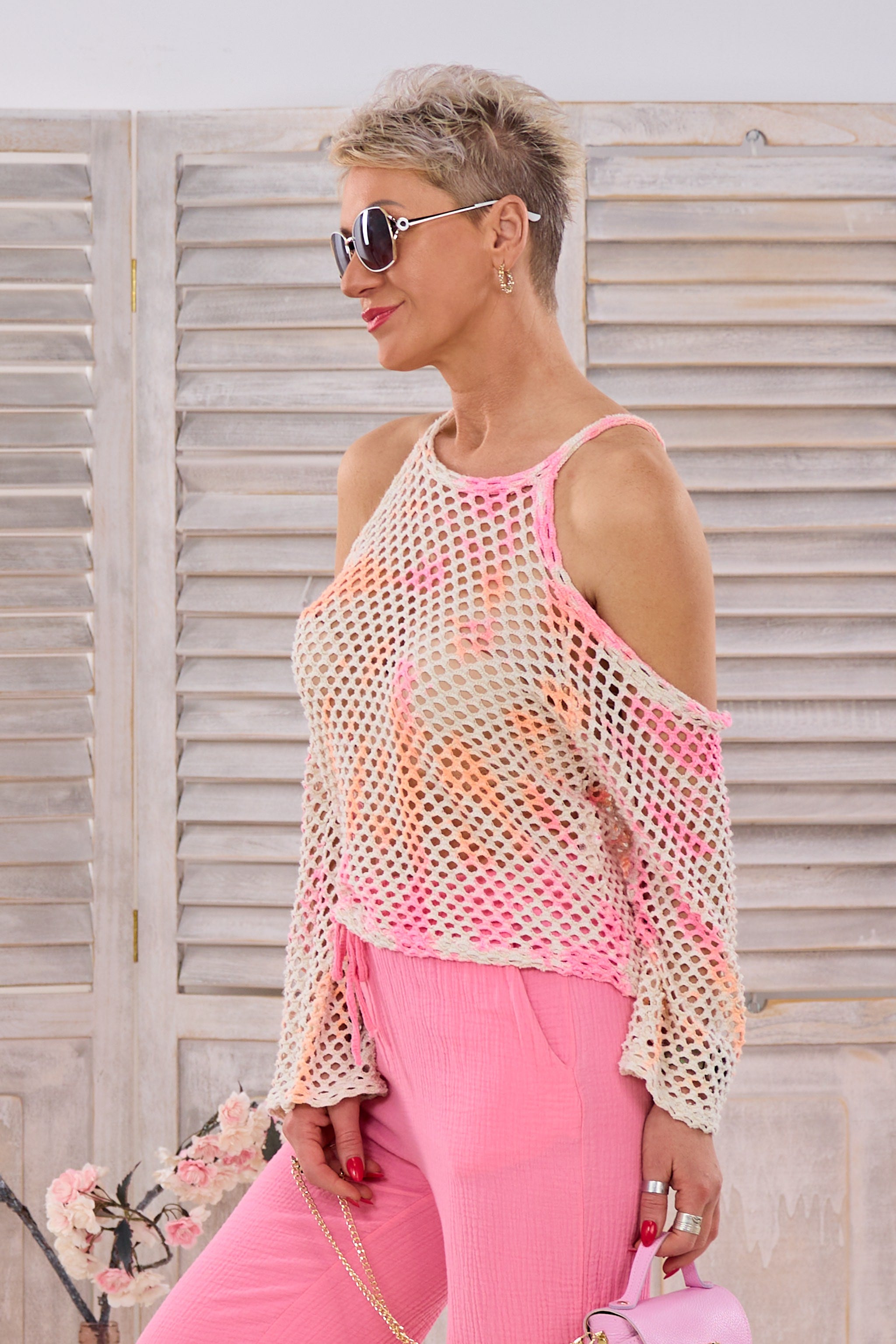 Lochstrick Pulli NEON Batic, creme-rosa-orange