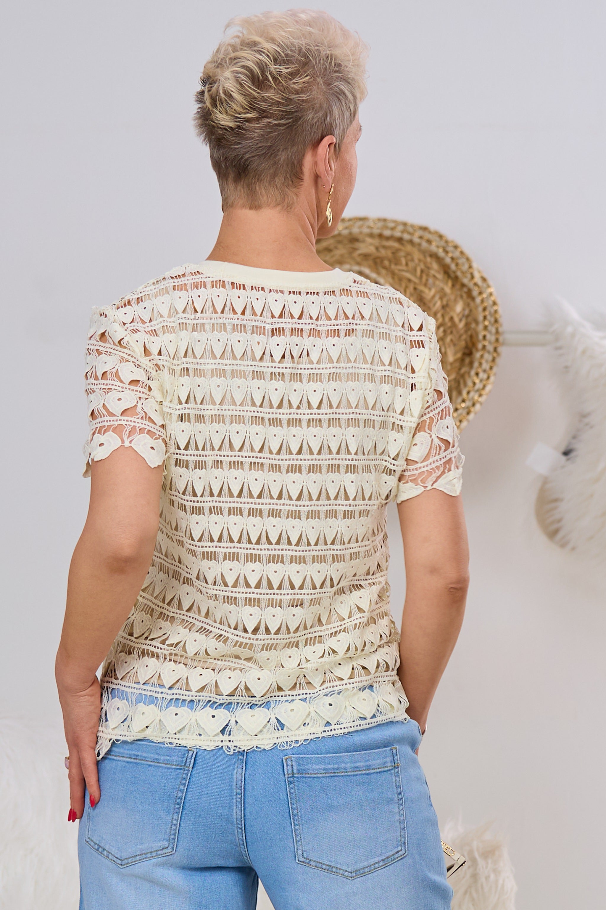 Kurzarm Shirt mit Herzchen, creme