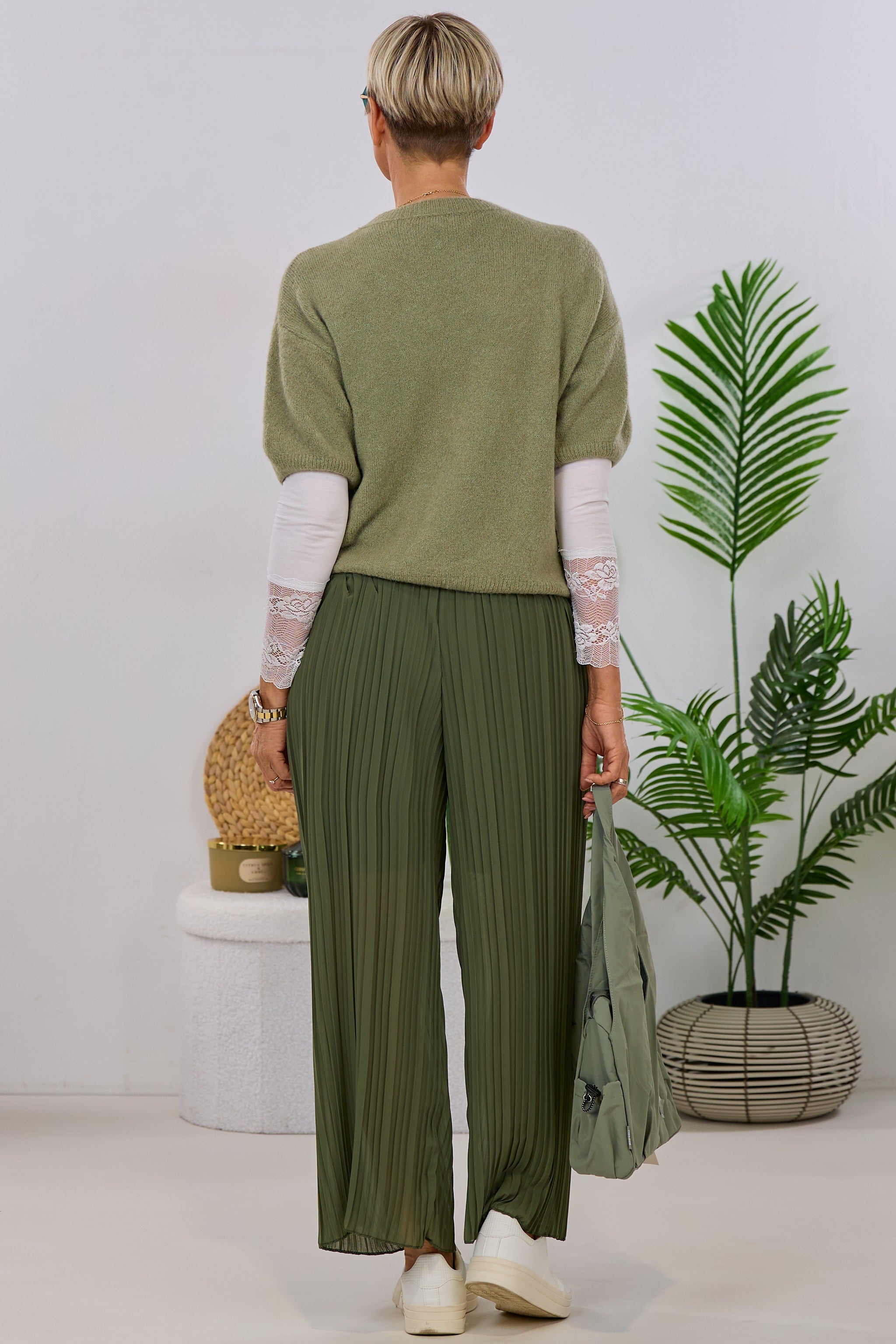 Plissée Hose mit elastischem Bund, khaki