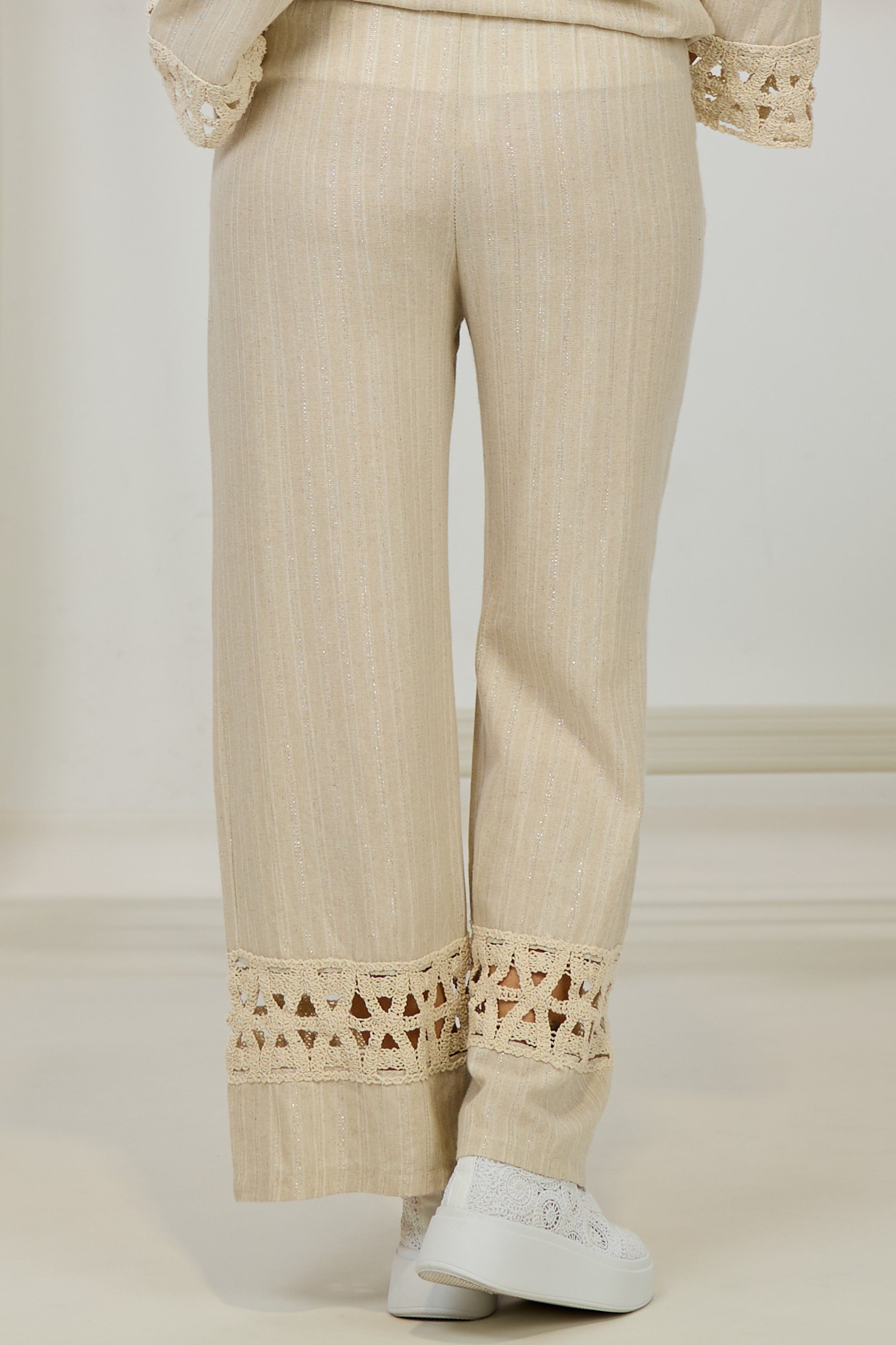2-tlg. Set aus Kimono Jacke und Hose mit Bordüre, beige