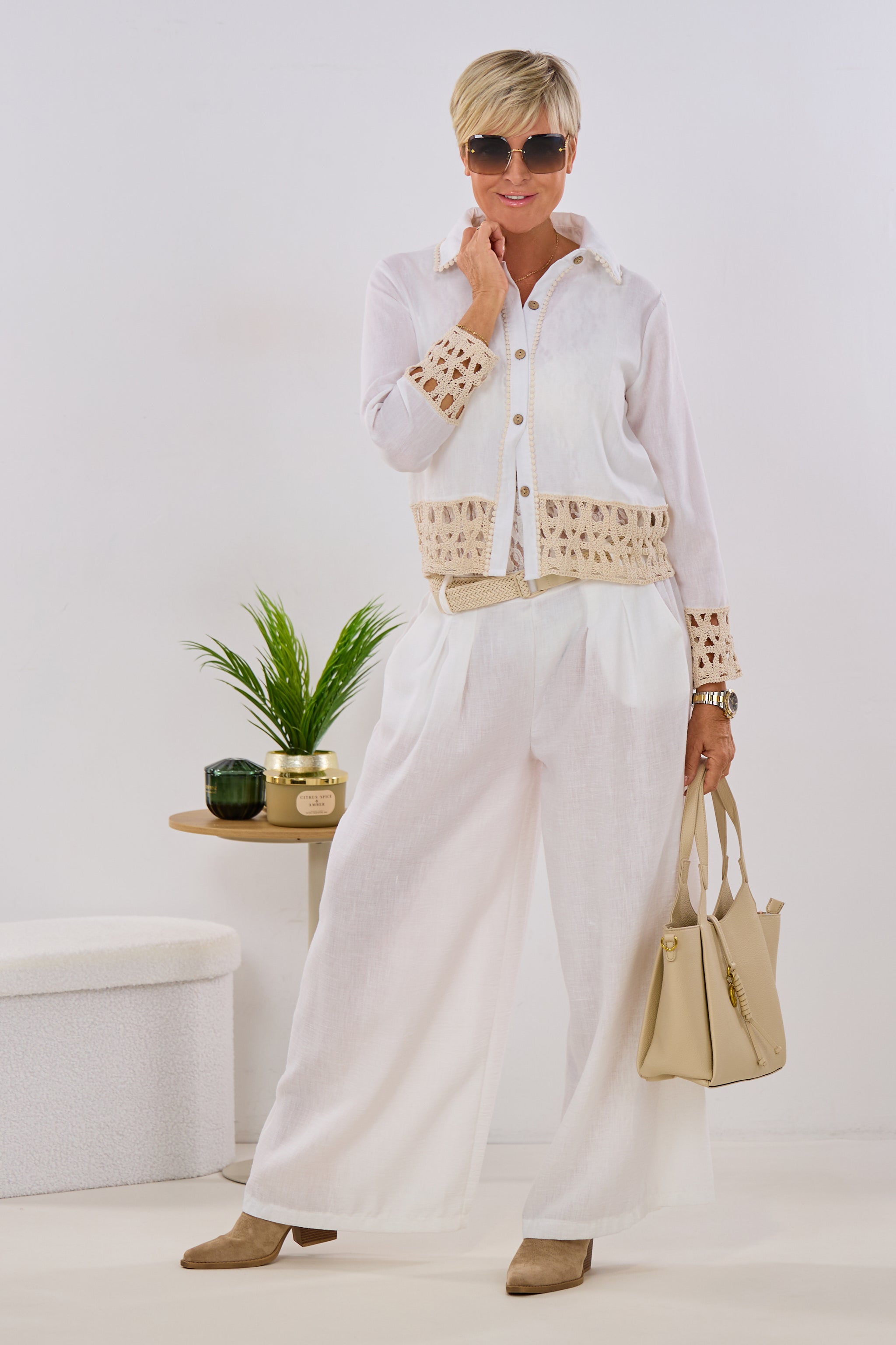 Marlene Hose mit geflochtenem Gürtel, ecru