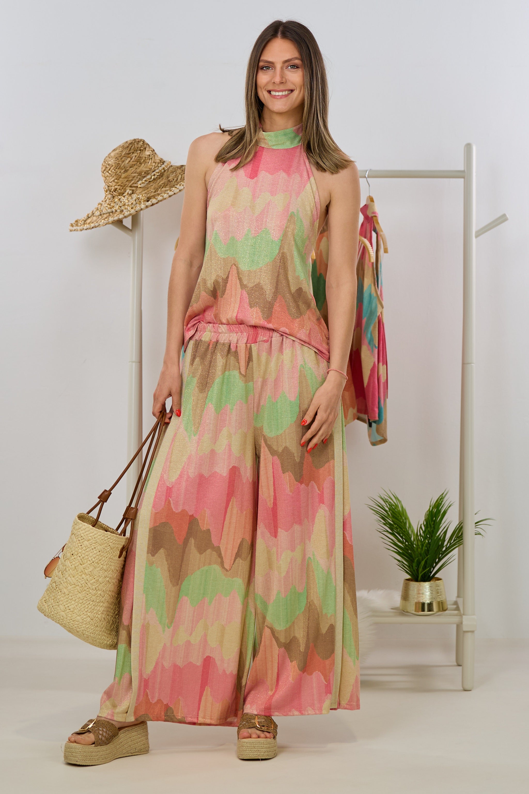 weit ausgestellte Hose mit Wellenmuster, rosa-mint-gold