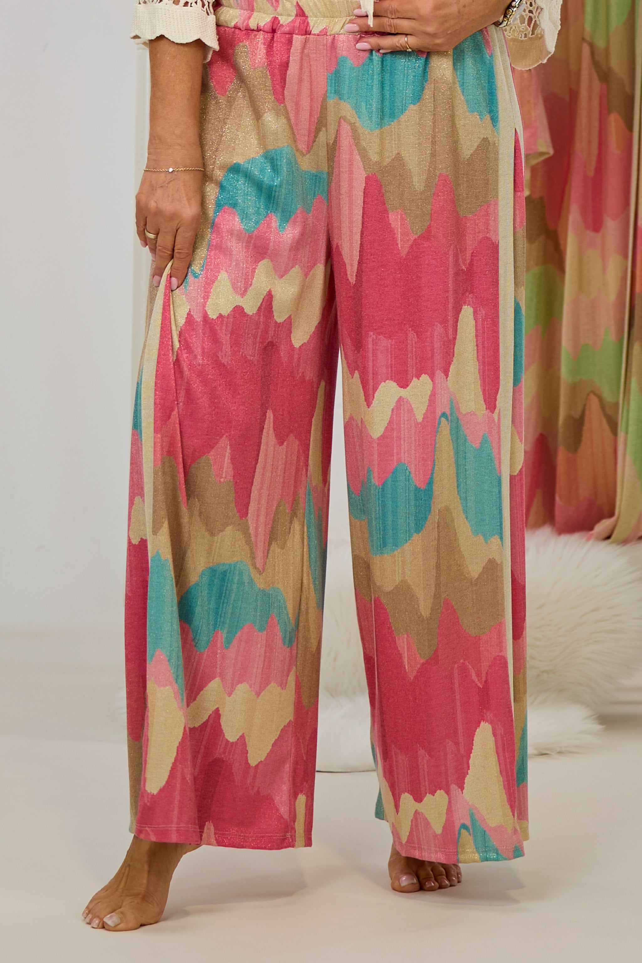 weit ausgestellte Hose mit Wellenmuster, pink-petrol-gold