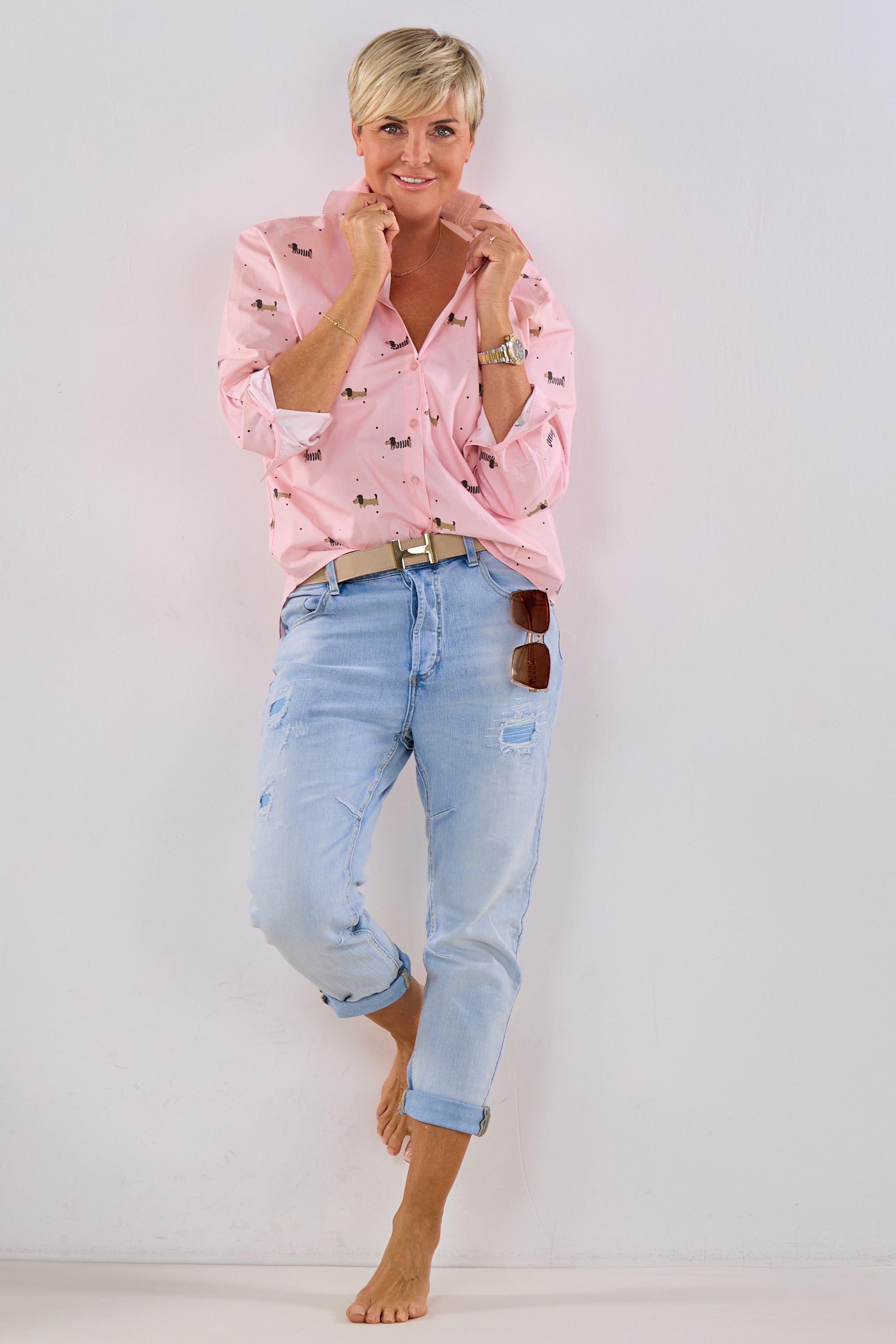 Hemdbluse mit süßem Dackelmotiv, rosa-taupe