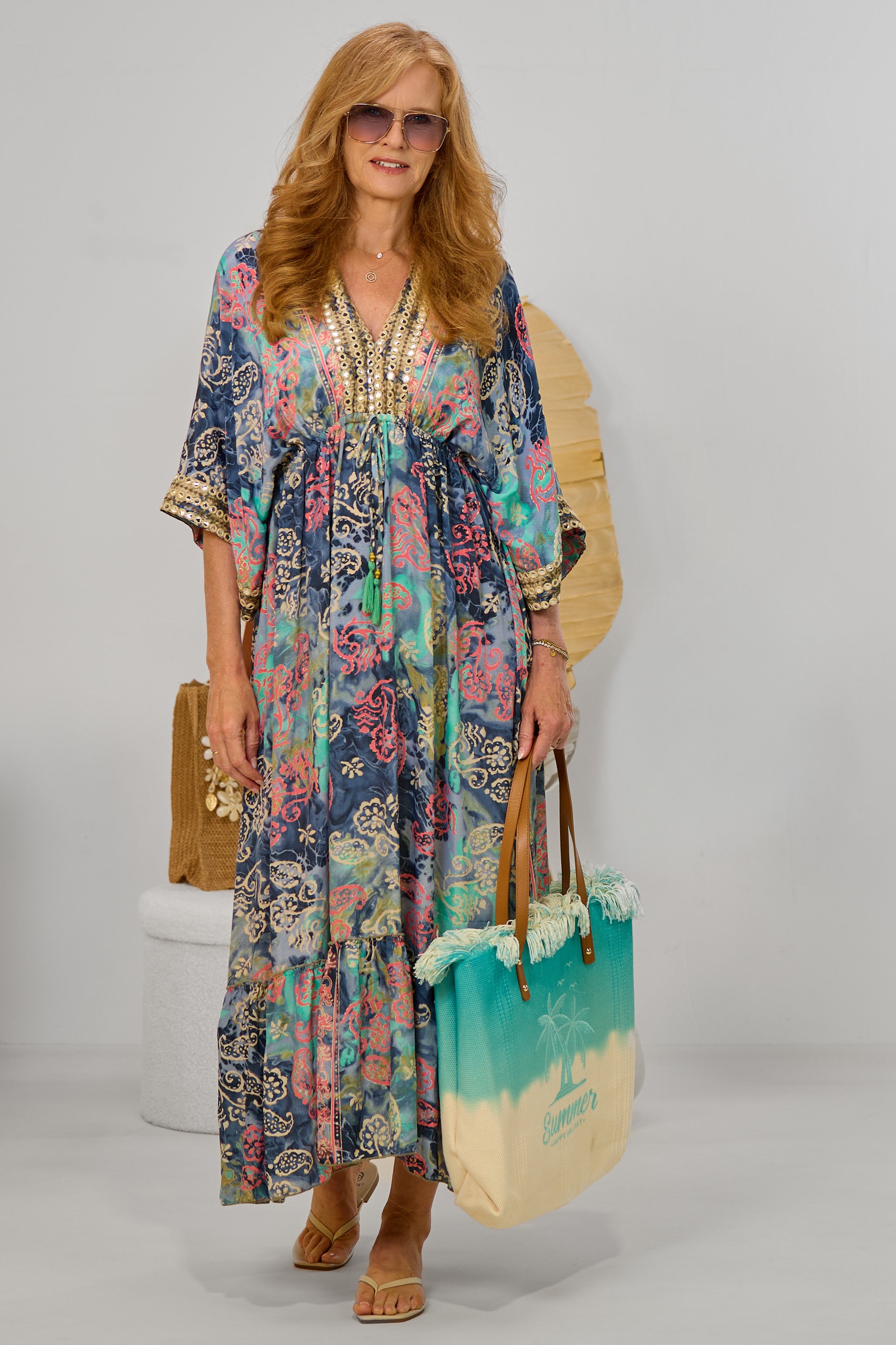 Langes Kleid im Boho-Style, dunkelblau-rosa