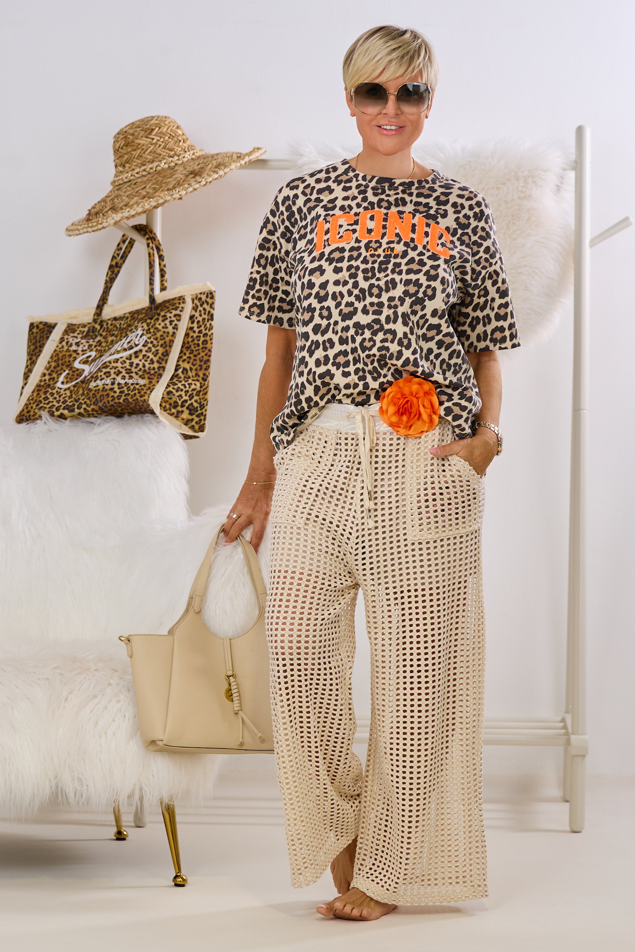 Lochstrick-Hose mit glänzendem Bund, beige-gold