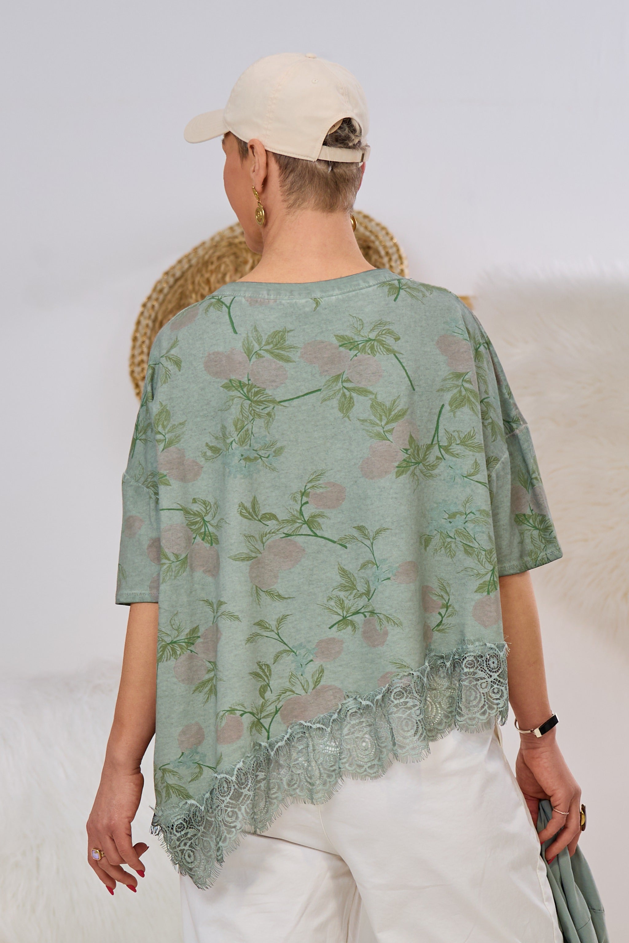 Asymmetrisches Kurzarm Sweaty, khaki-geblümt