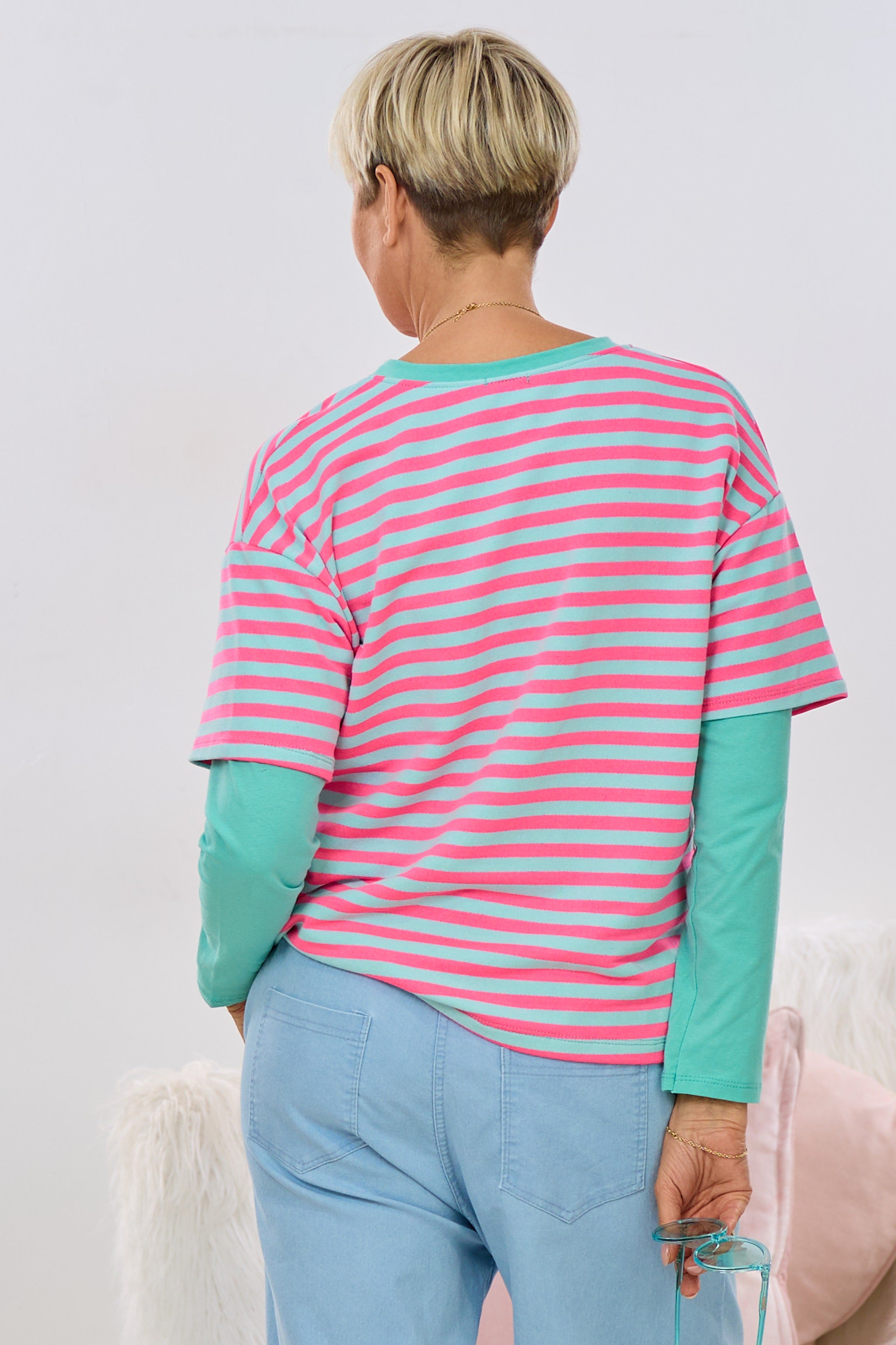 Ringel-Sweaty mit angesetzten Ärmeln, mint-pink gestreift