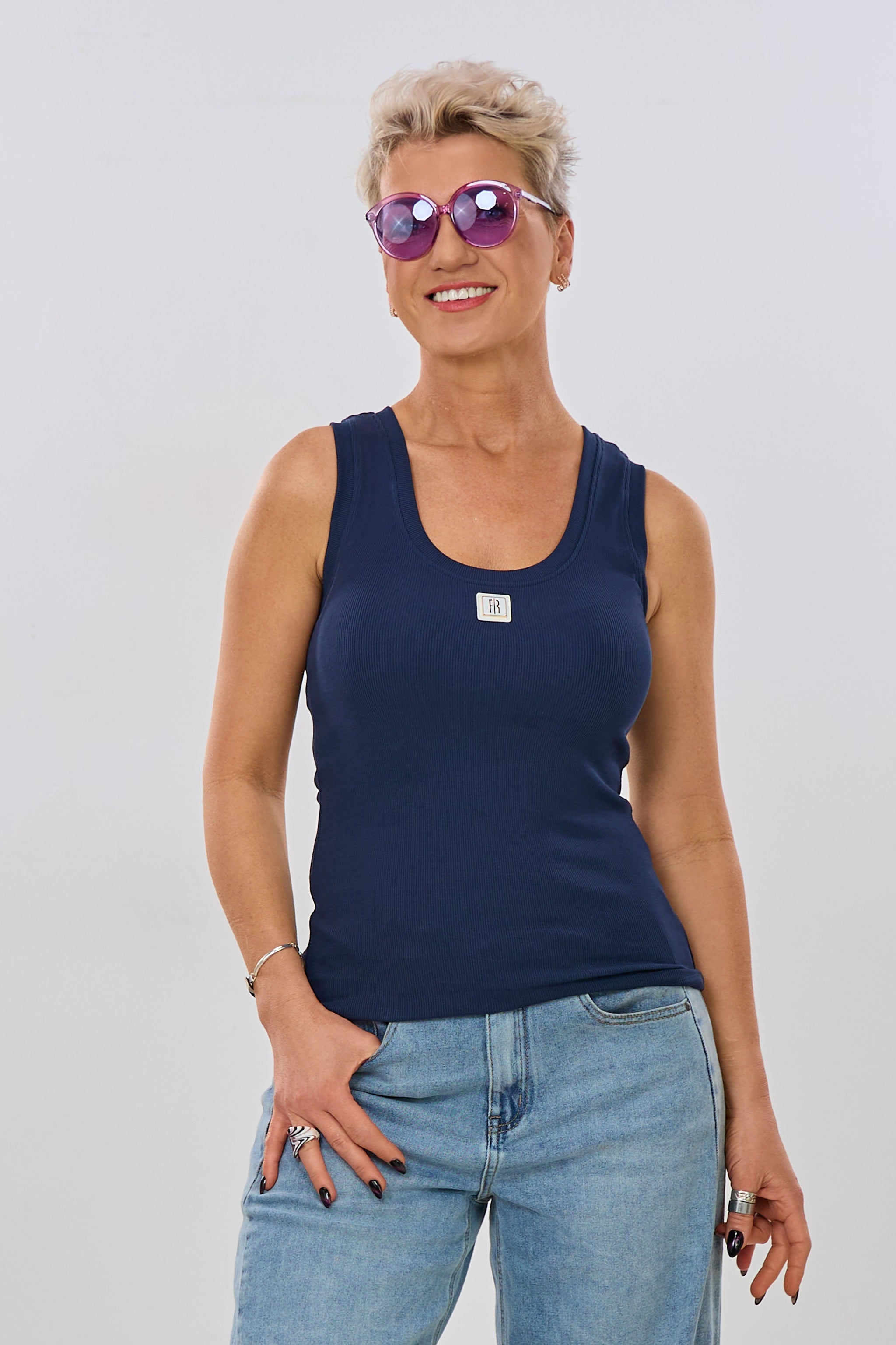 Geripptes Top mit Emblem, dunkelblau