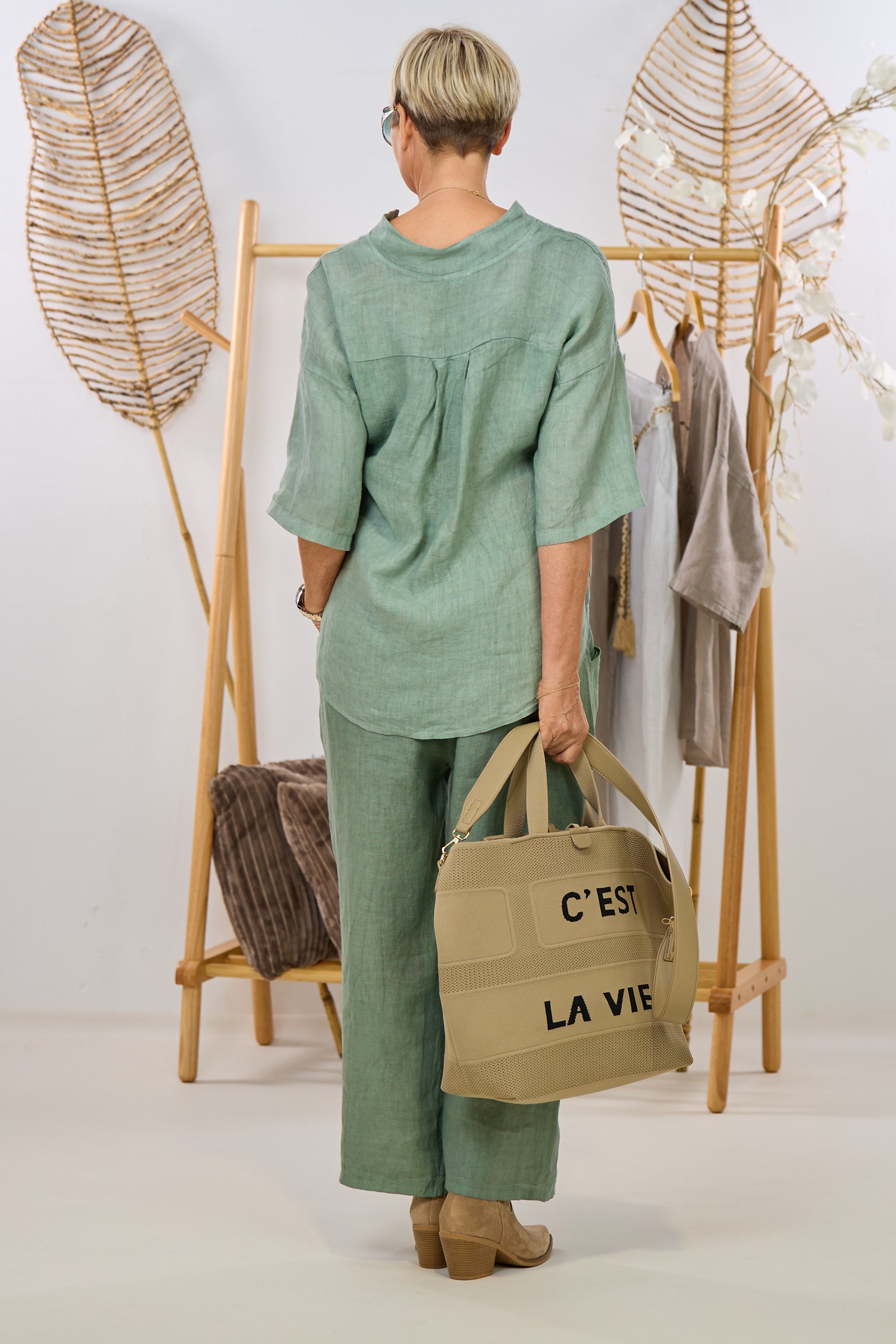 Leinen Tunika mit Blume, khaki