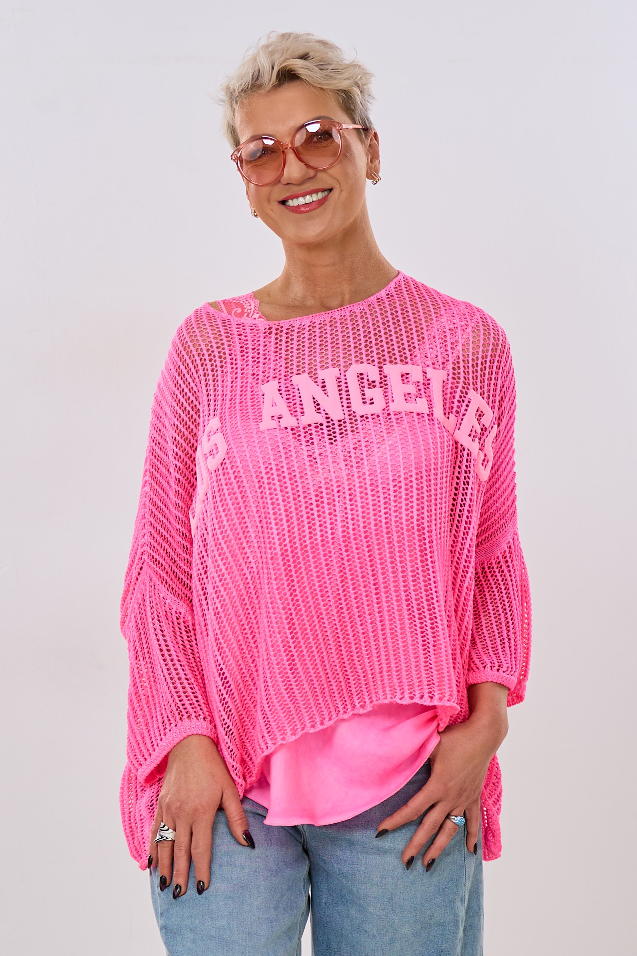 Strickpulli mit LOS ANGELES Flock, pink-candy rosa