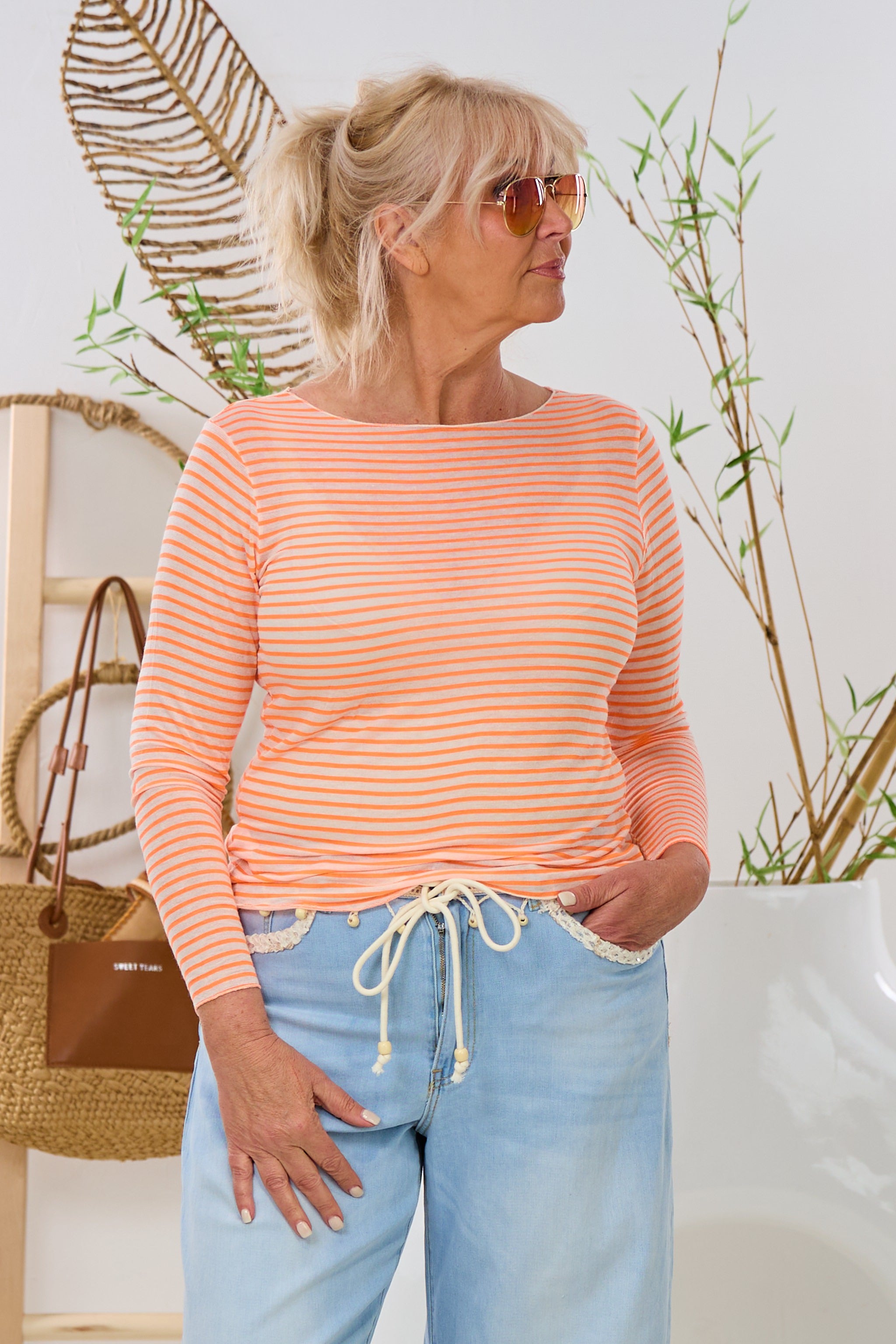 transparentes Longsleeve, neonorange-ecru-geringelt