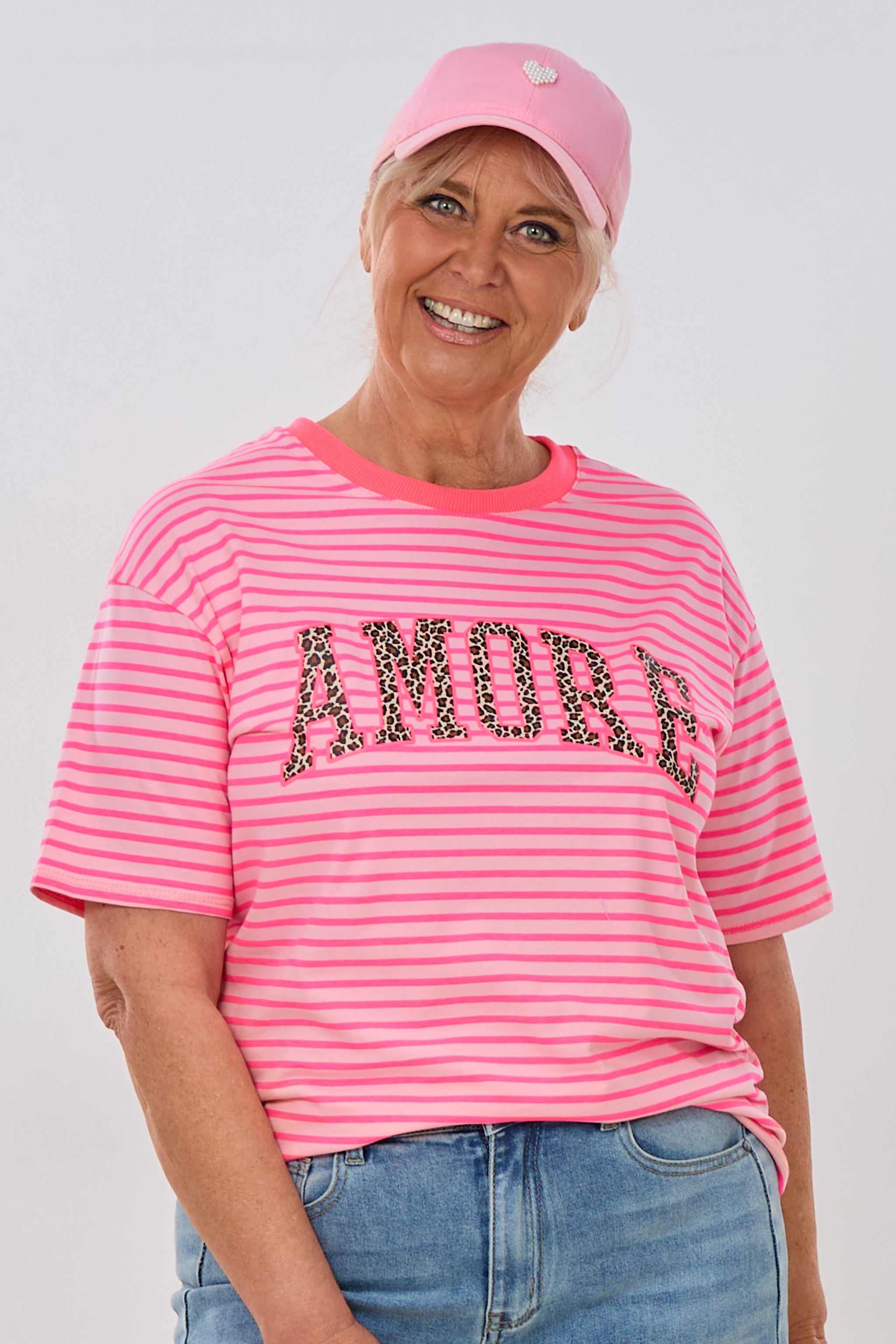 Ringel-Shirt mit süßem AMORE-Druck, rosa-leo-pink