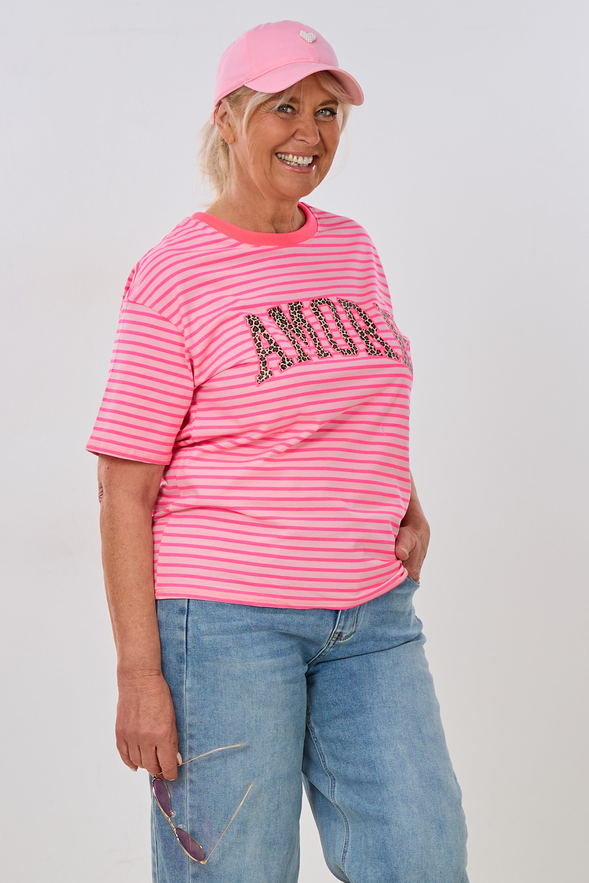 Ringel-Shirt mit süßem AMORE-Druck, rosa-leo-pink