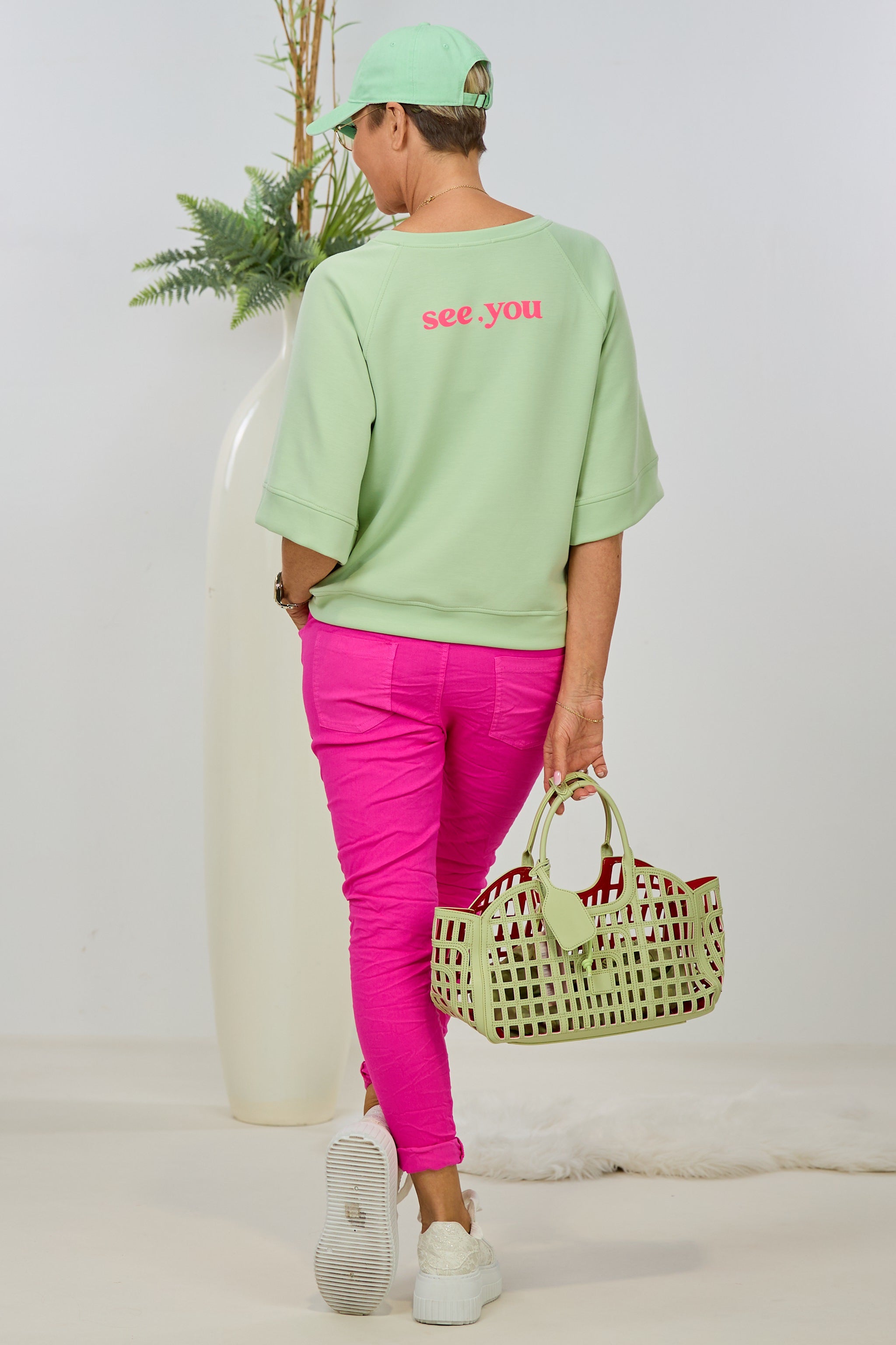 Hose mit elastischem Bund im Knitterlook, pink