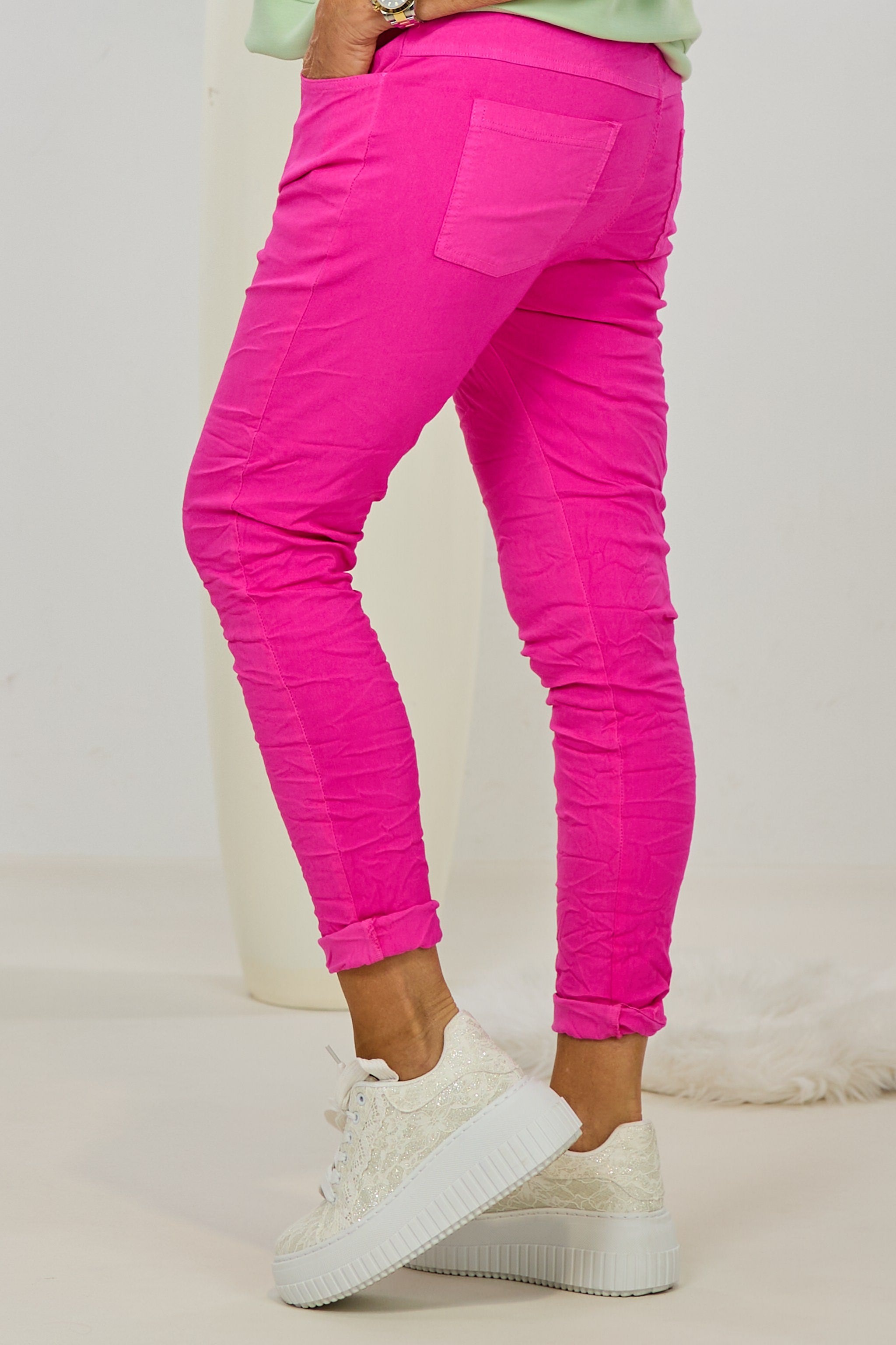 Hose mit elastischem Bund im Knitterlook, pink