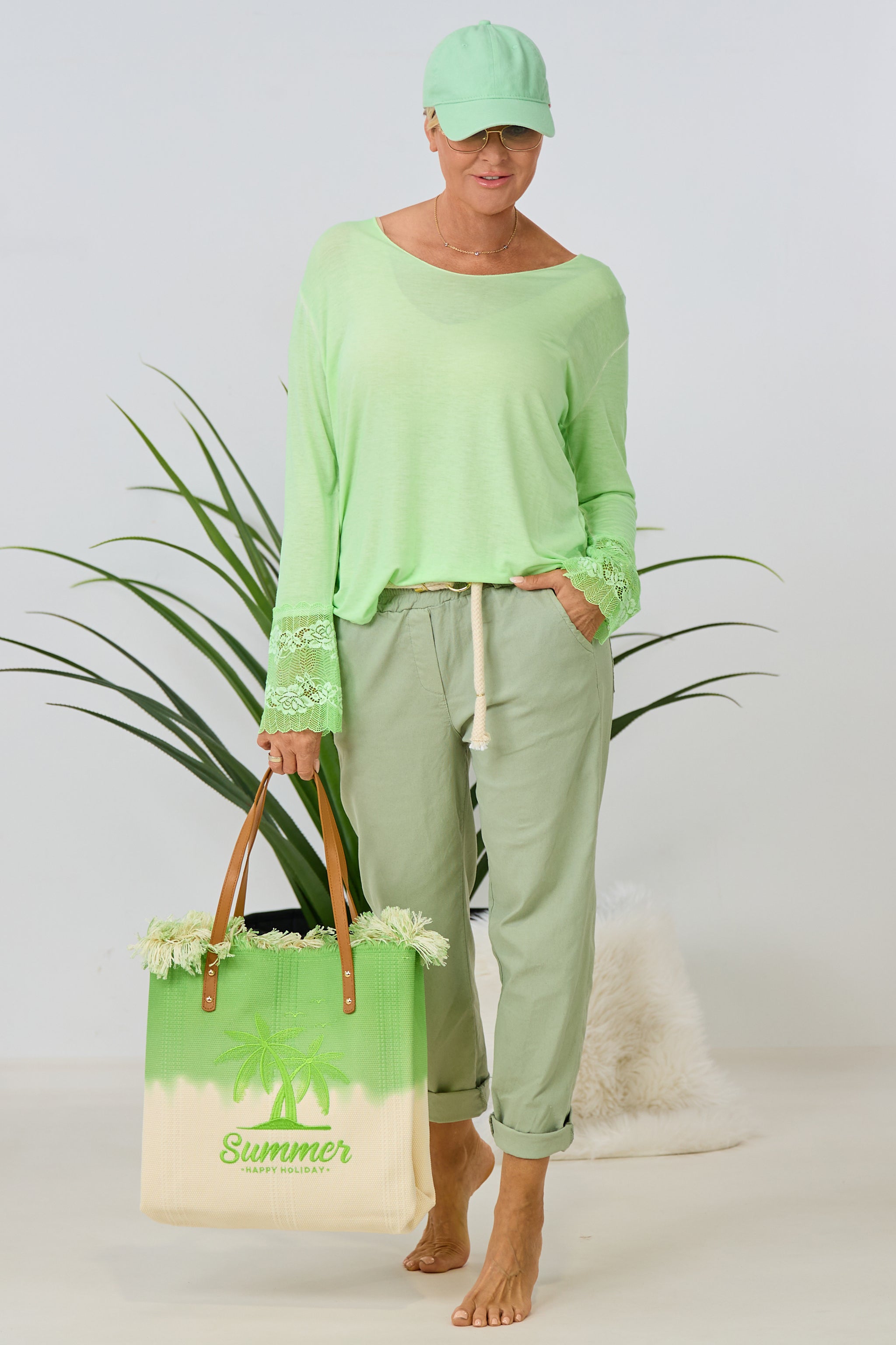 Longsleeve mit Spitze am Ärmel, groß, apfelgrün