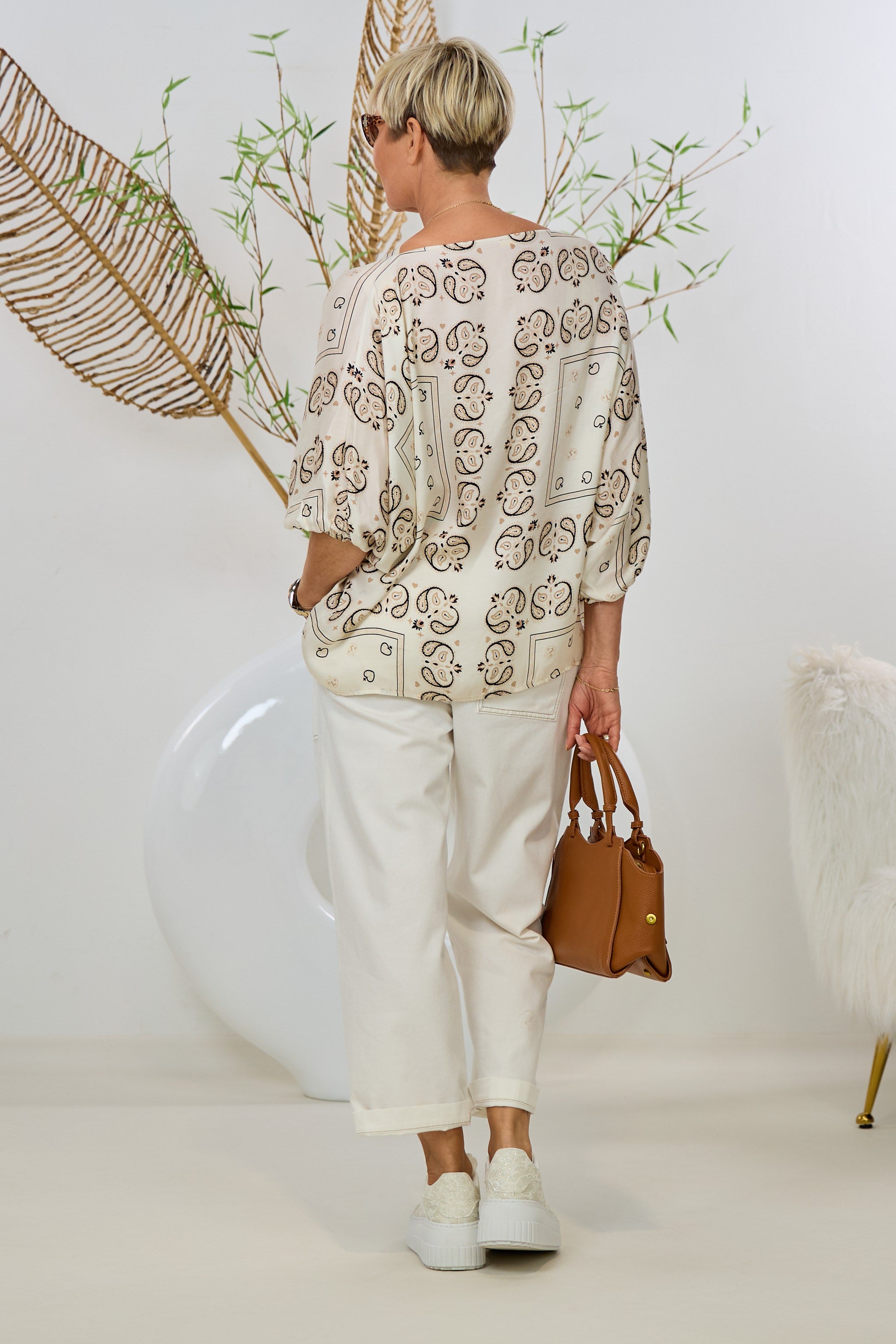 Tunikabluse mit Fantasy-Muster, creme-taupe