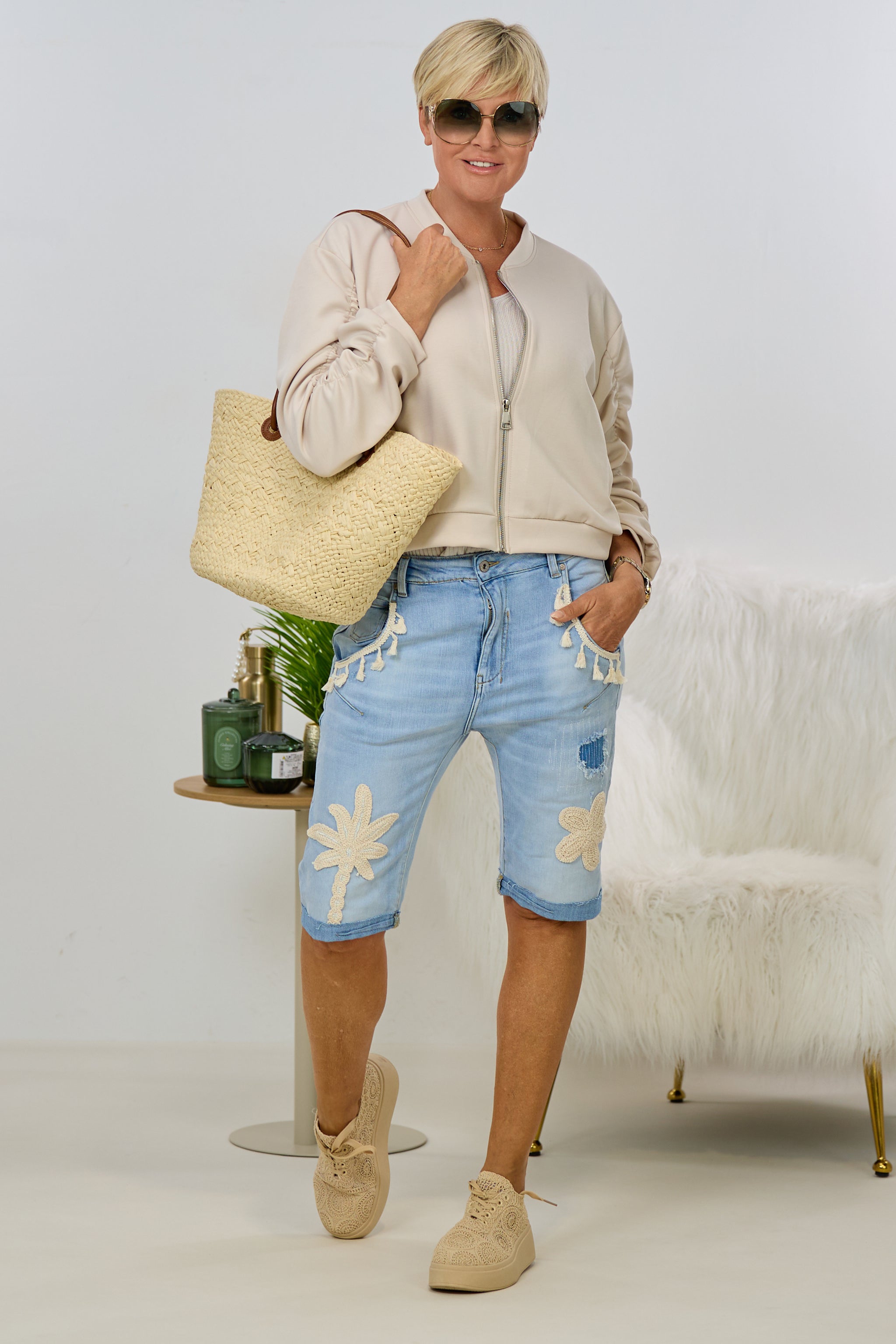 Boho Jeans-Shorts mit Details, hell denim