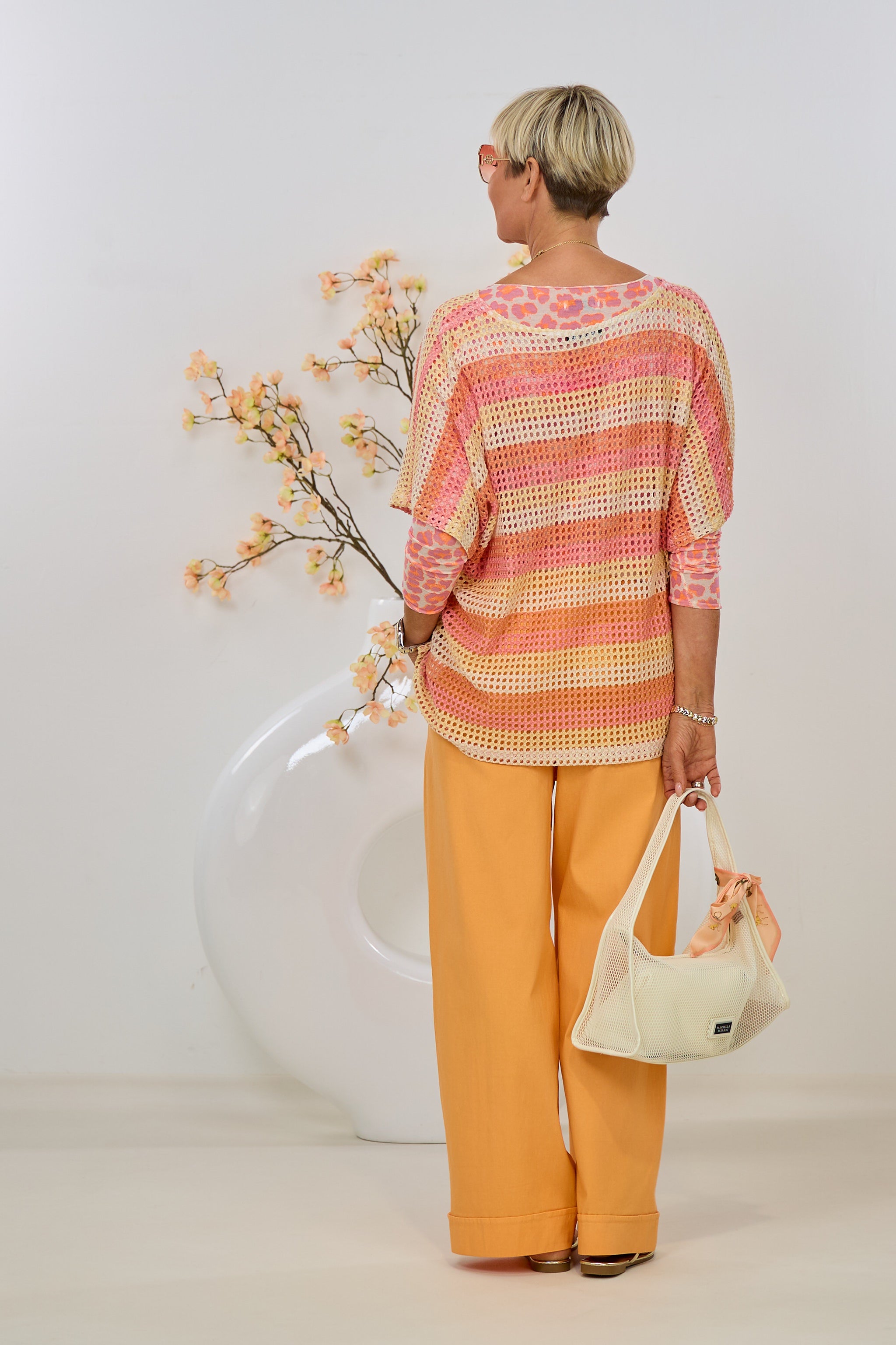 Lochstrick Pulli quergestreift, rosa-orange