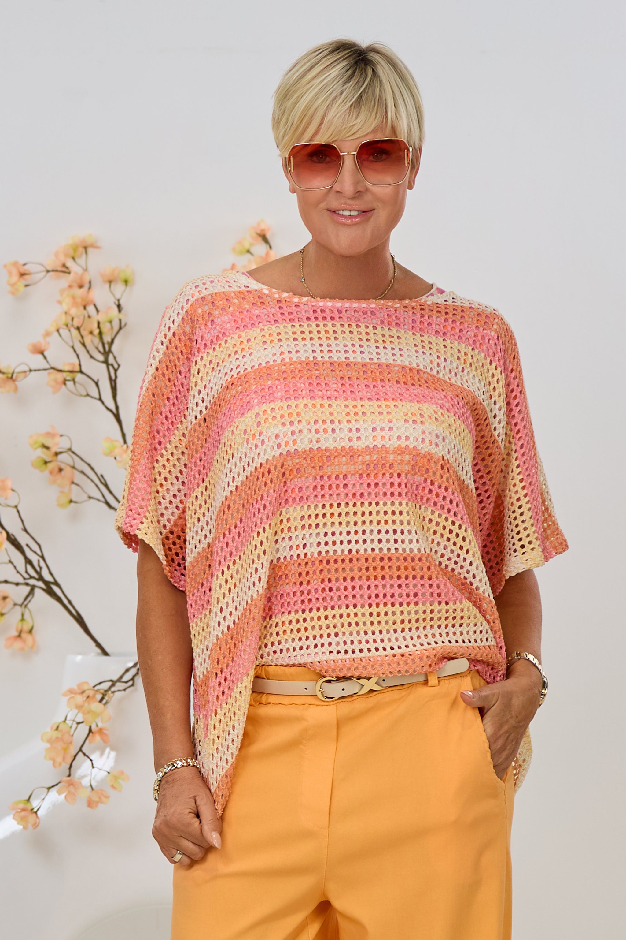 Lochstrick Pulli quergestreift, rosa-orange