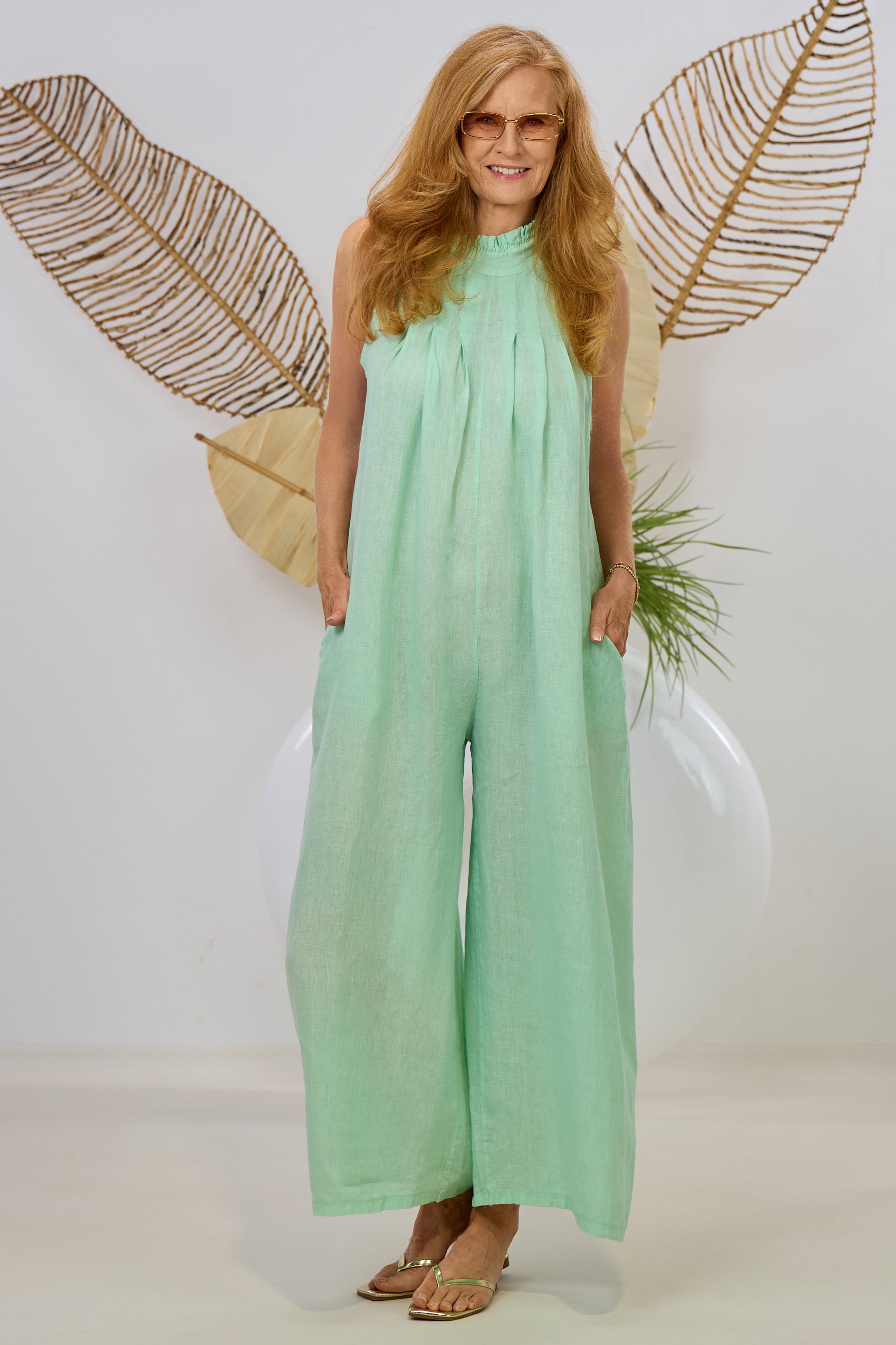 Leinen Overall mit Schleife, mint