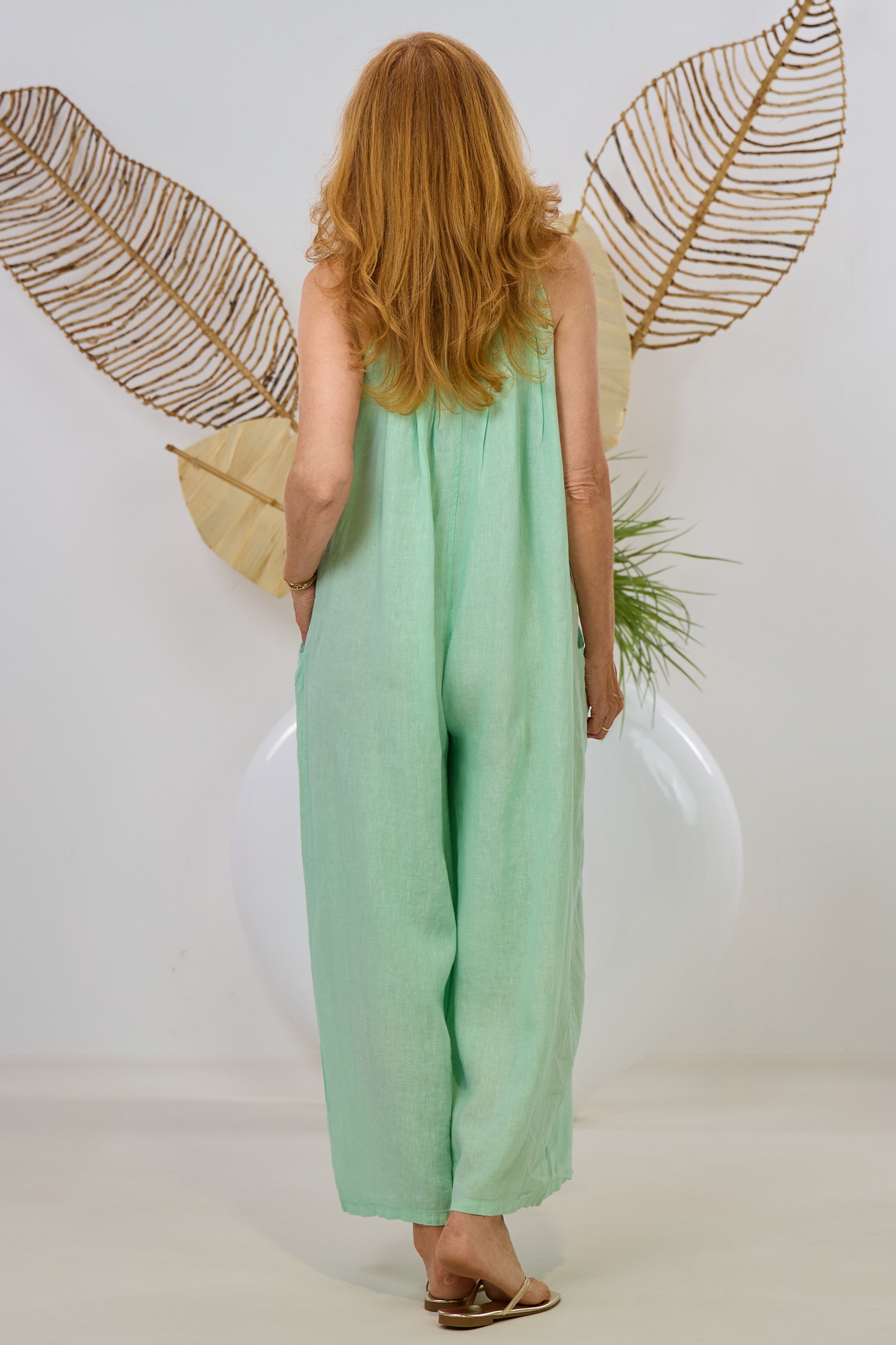 Leinen Overall mit Schleife, mint