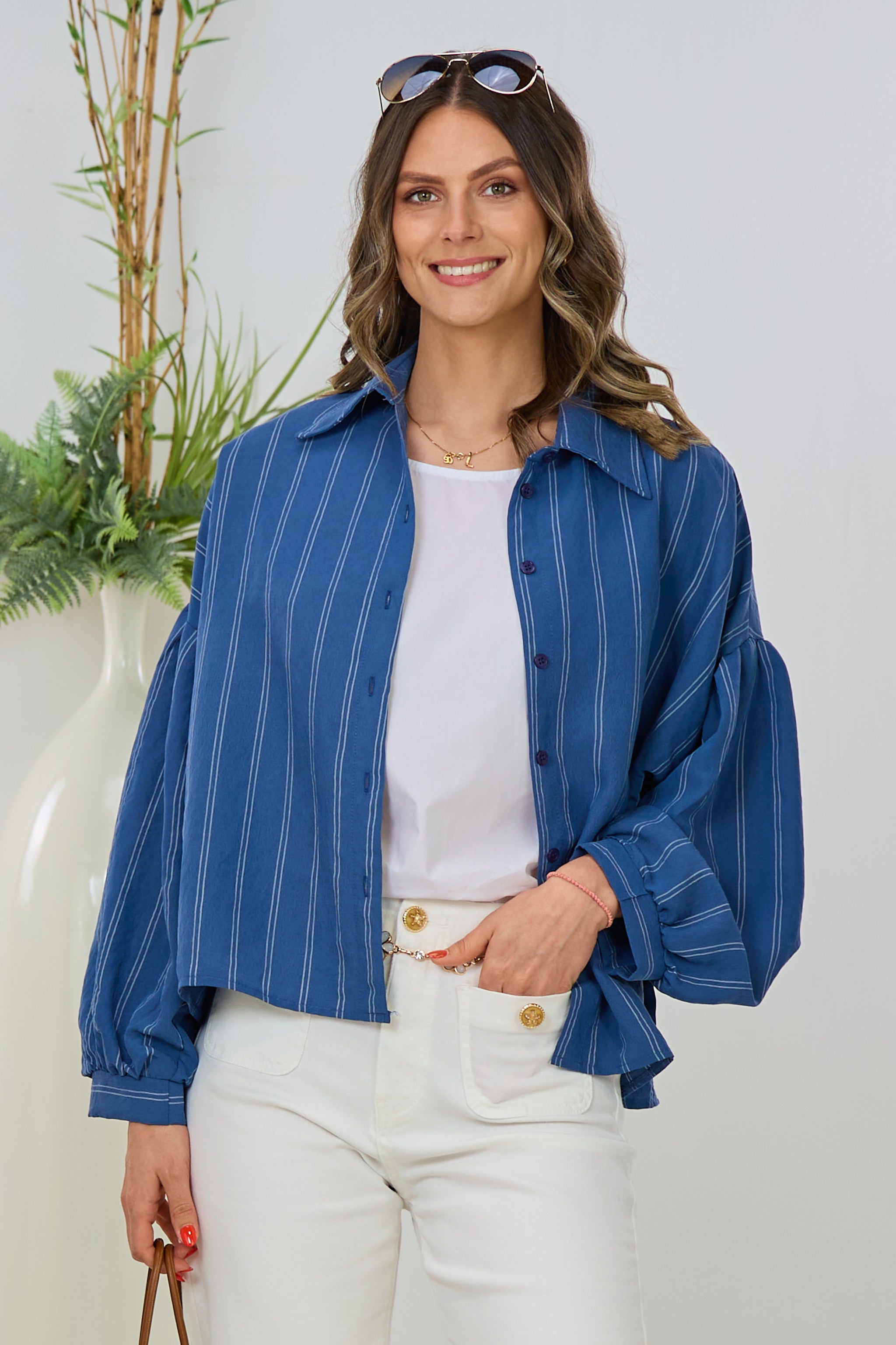 gestreifte Bluse mit weiten Ärmeln, blau-weiß