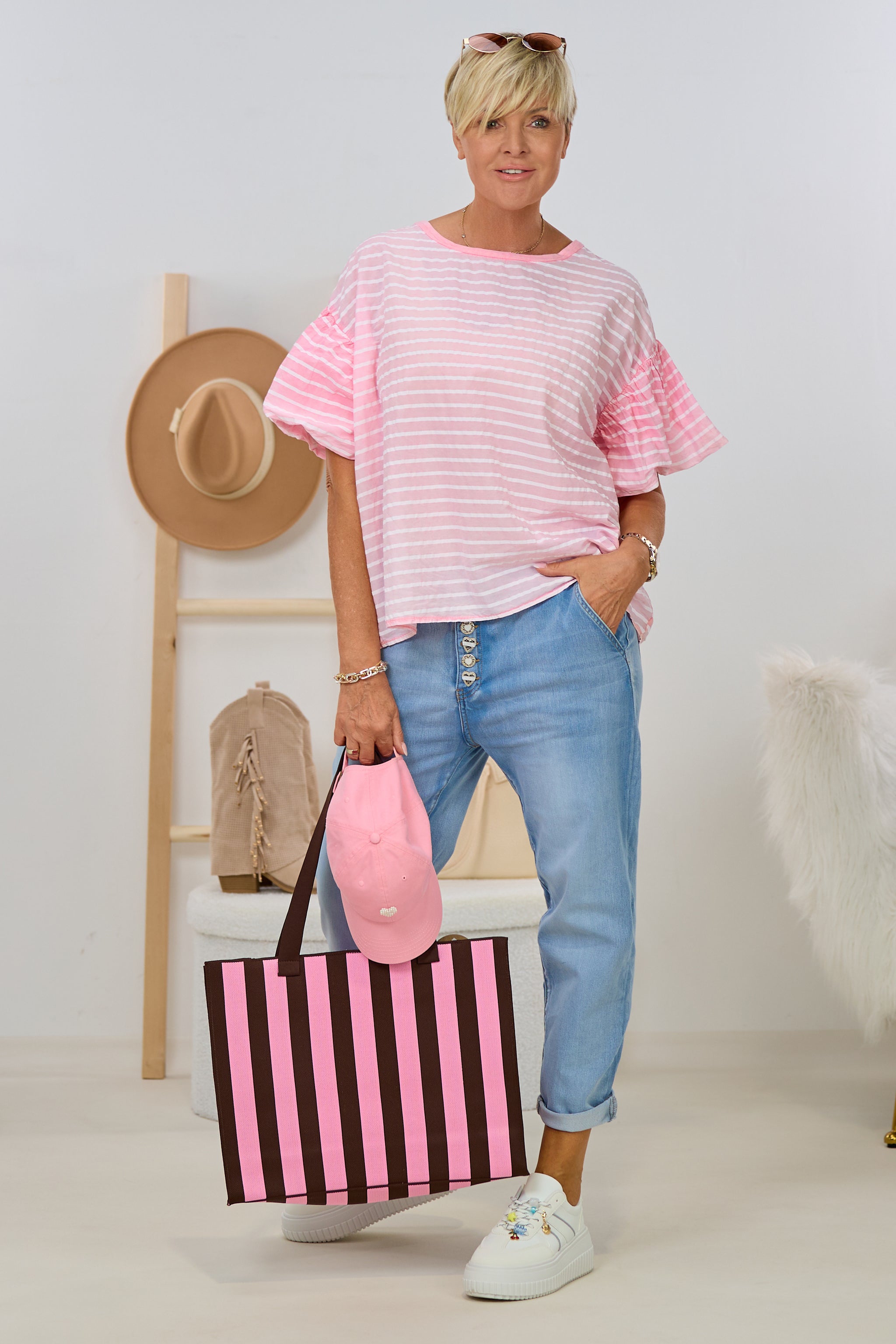 Shirt mit "Puff-Ärmeln", rosa-weiß-gestreift
