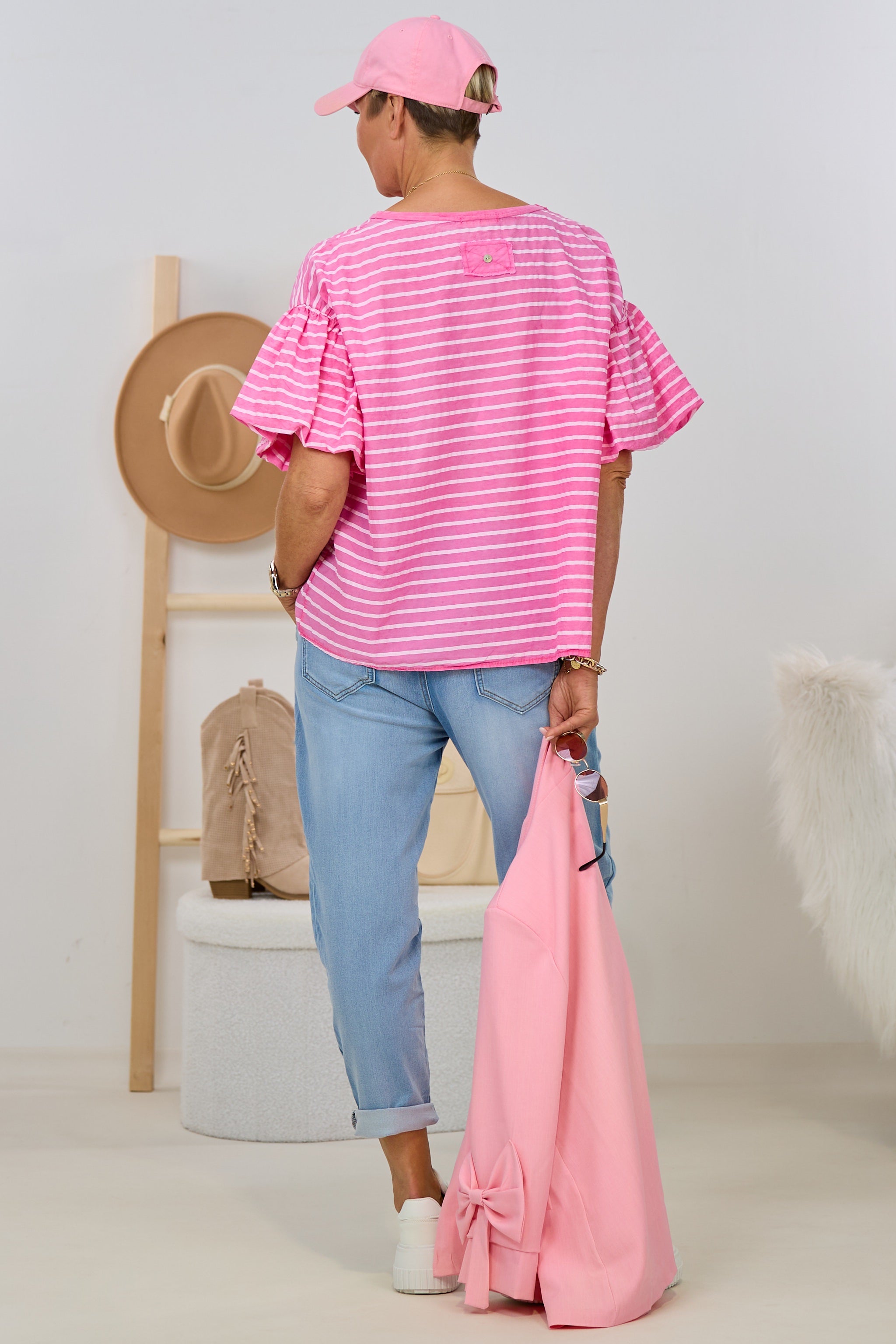 Shirt mit "Puff-Ärmeln", pink-weiß-gestreift