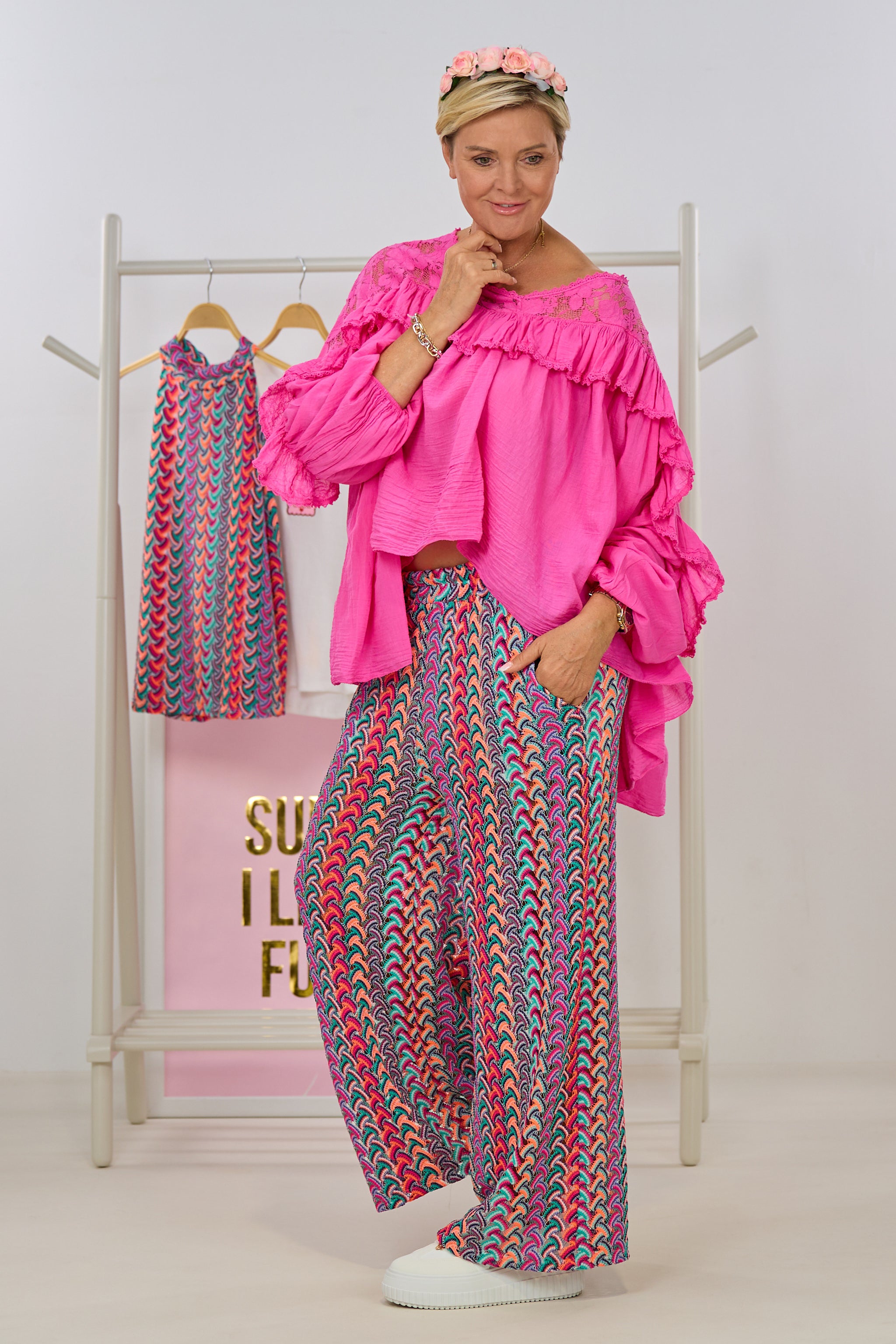 luftige Bluse mit Rüschen und Spitze, pink