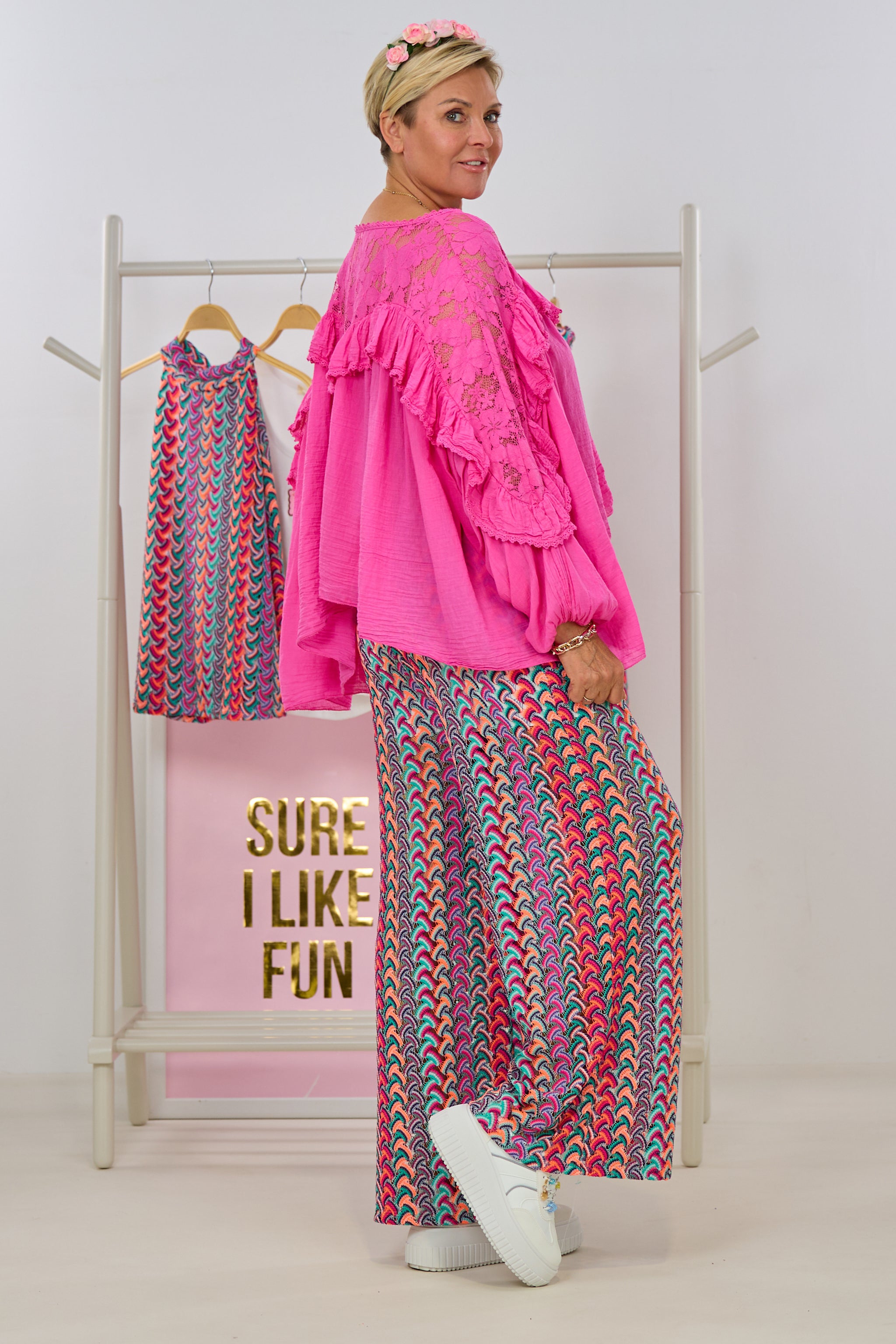 luftige Bluse mit Rüschen und Spitze, pink