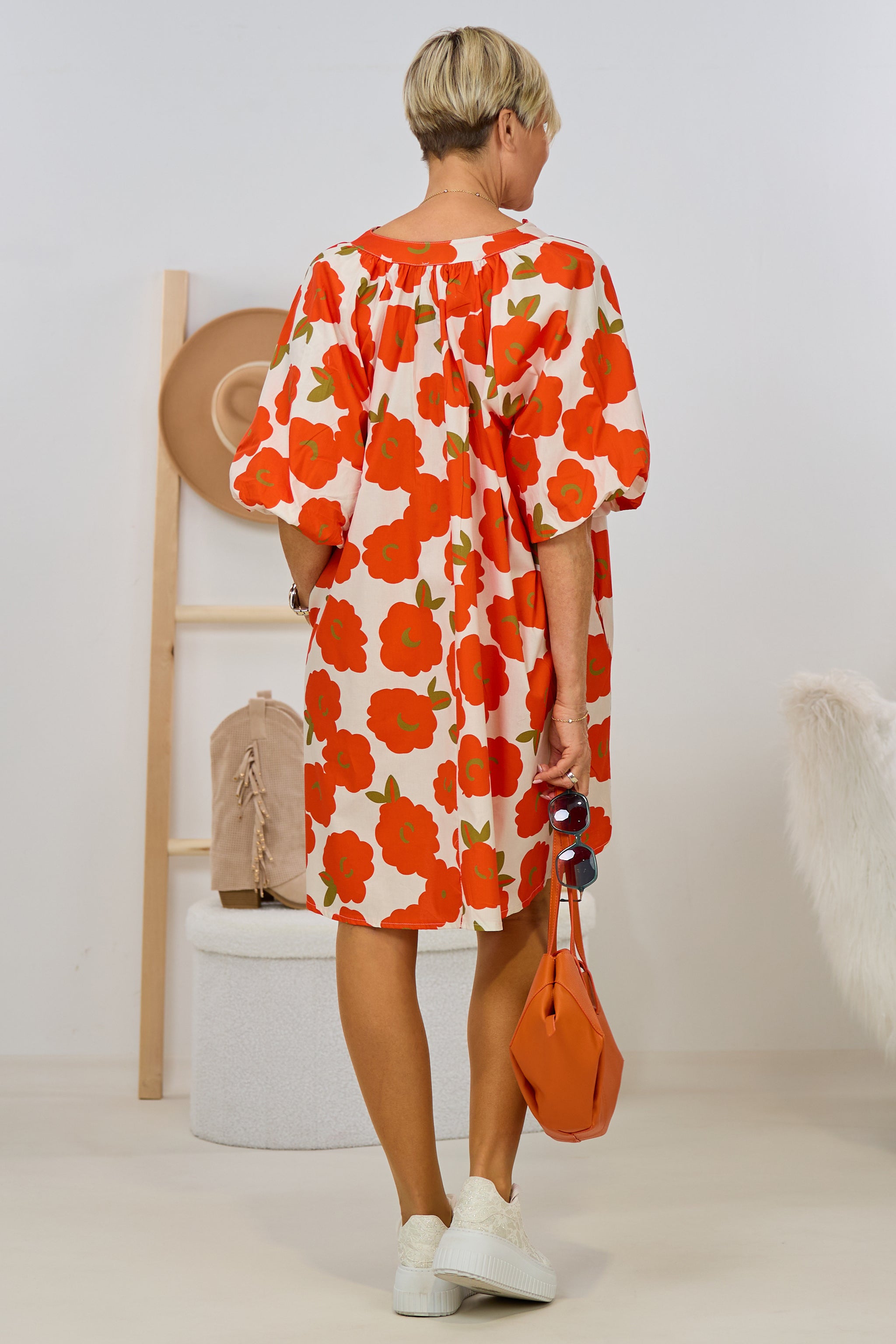 Kleid/Tunika mit floralem Druck, orange-hellbeige