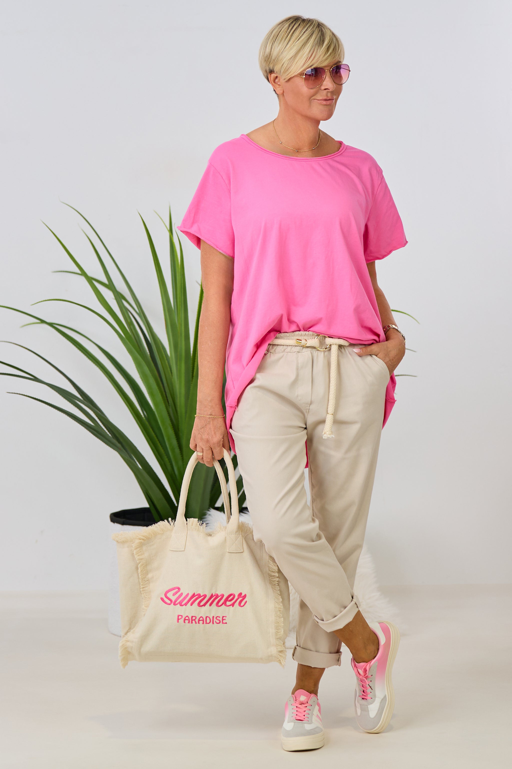 Hose mit Kordel-Gürtel, beige-gesprenkelt