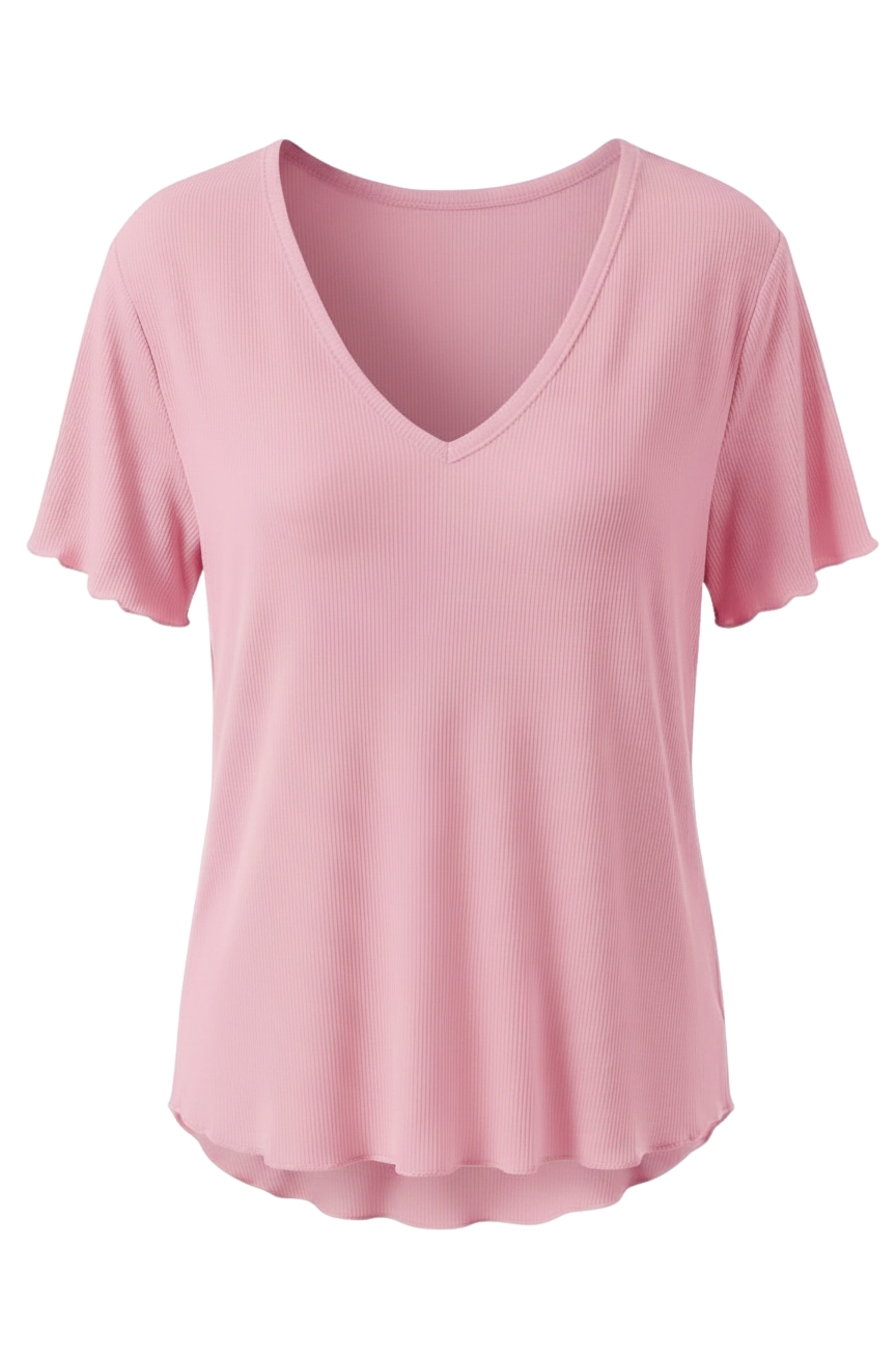 Kurzarm Basic Rippshirt mit V-Ausschnitt, rosa