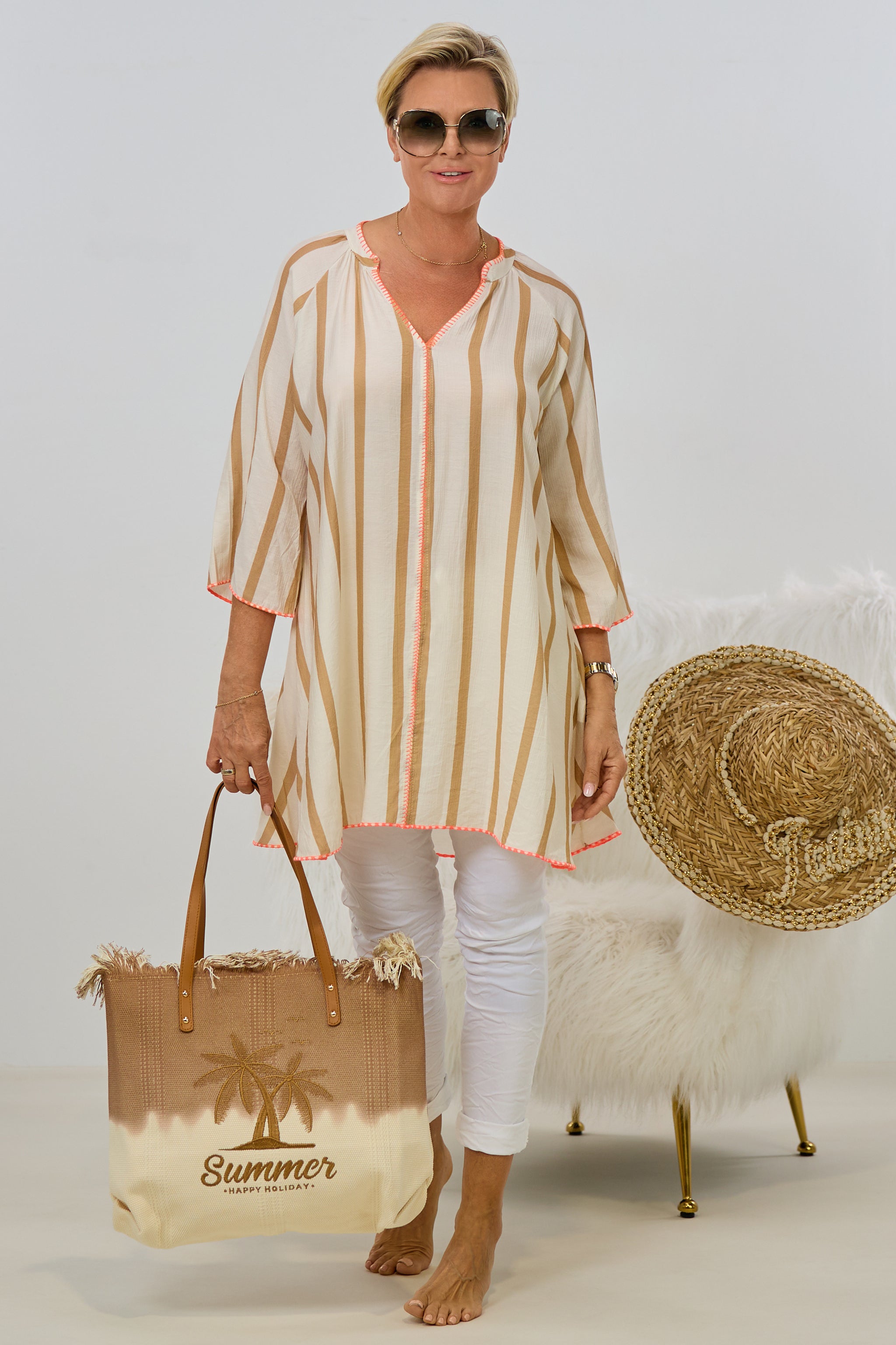 Kleid/Longbluse gestreift mit V-Ausschnitt, creme-taupe