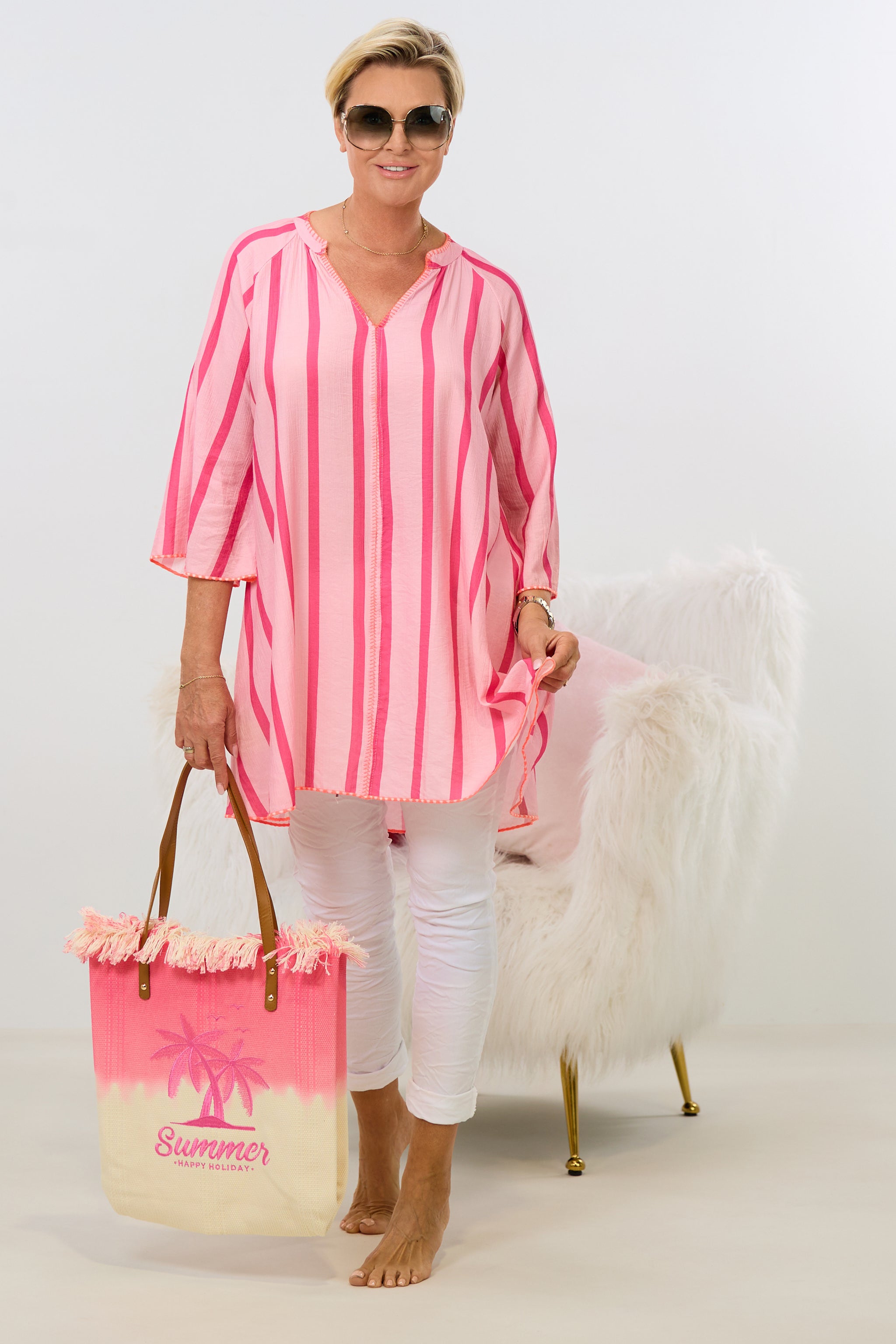 Kleid/Longbluse gestreift mit V-Ausschnitt, rosa-pink