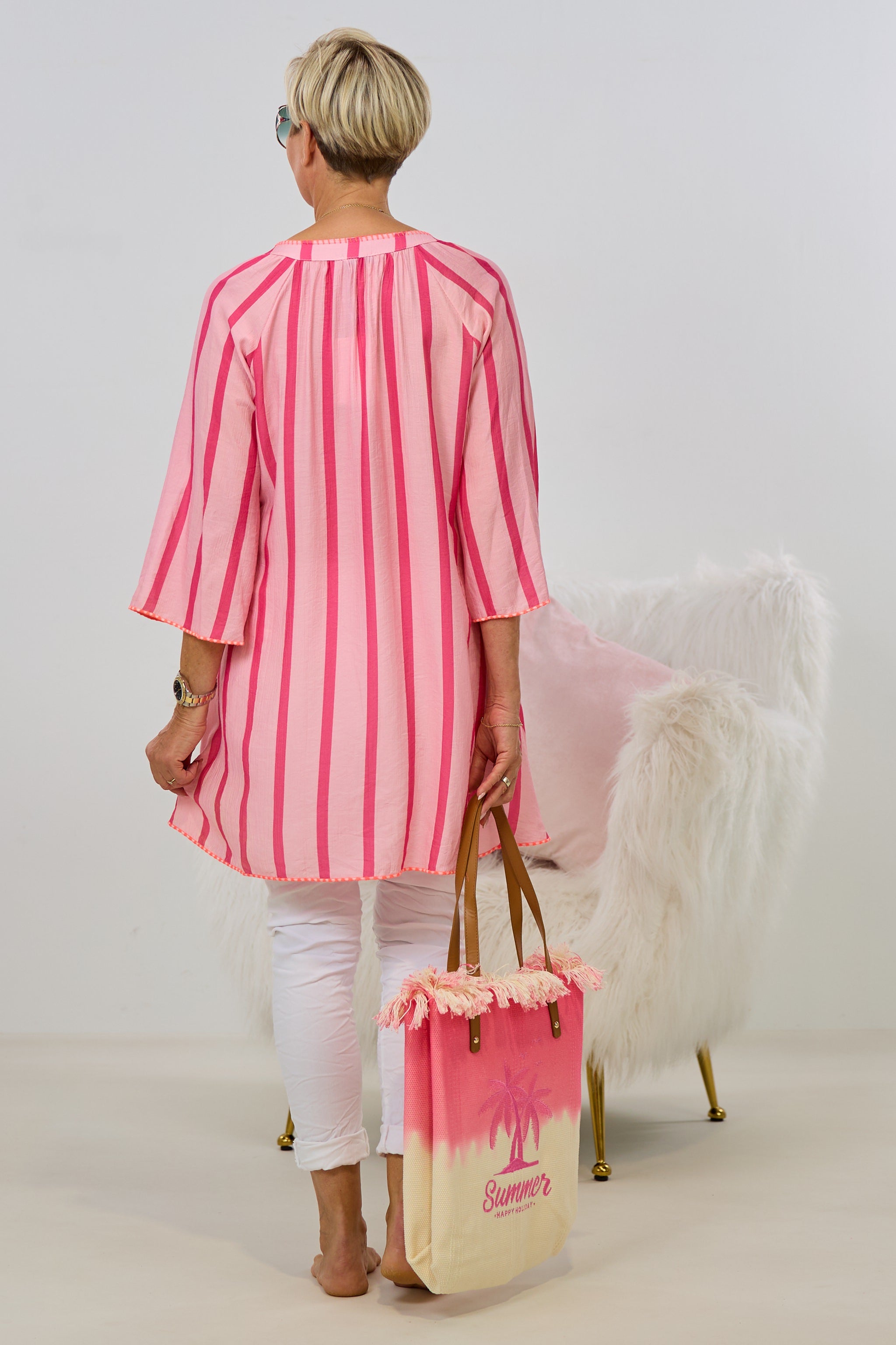 Kleid/Longbluse gestreift mit V-Ausschnitt, rosa-pink