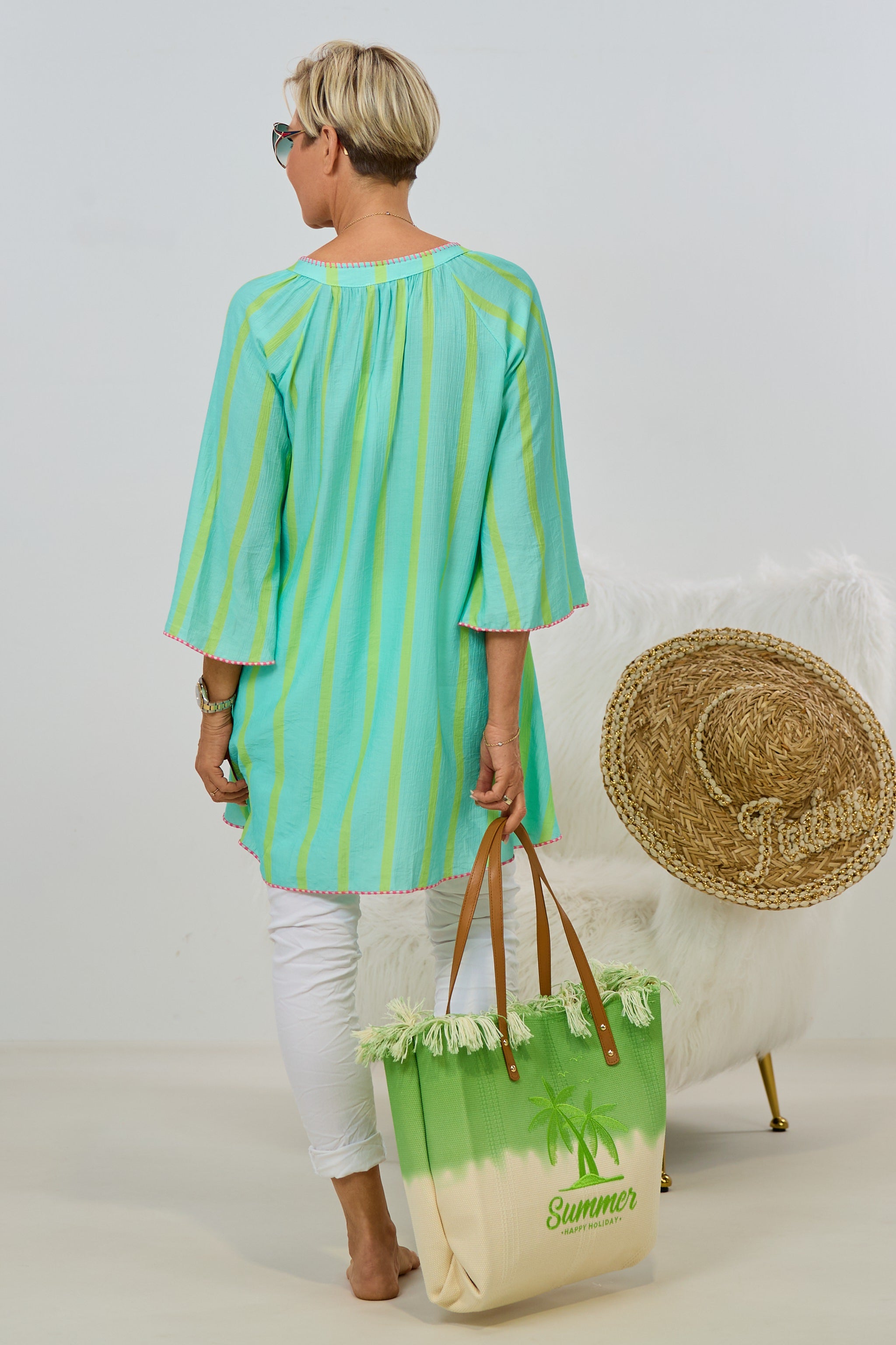 Kleid/Longbluse gestreift mit V-Ausschnitt, mint-lindgrün