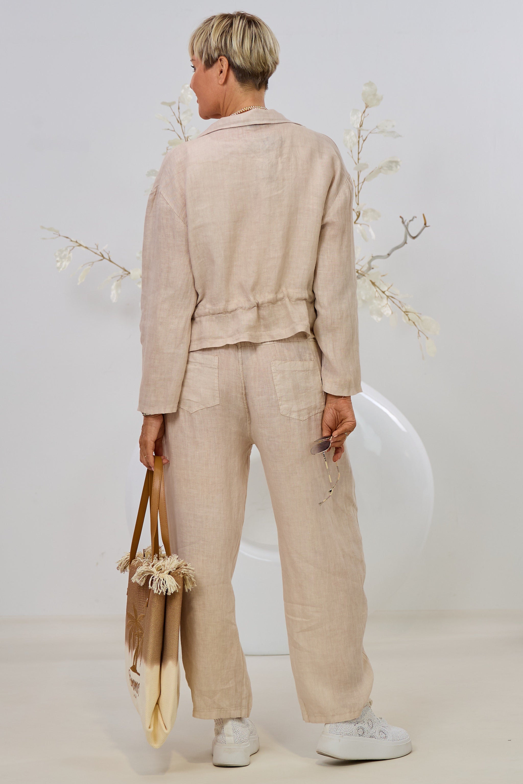 Leinen-Jacke mit Kordelzug, beige