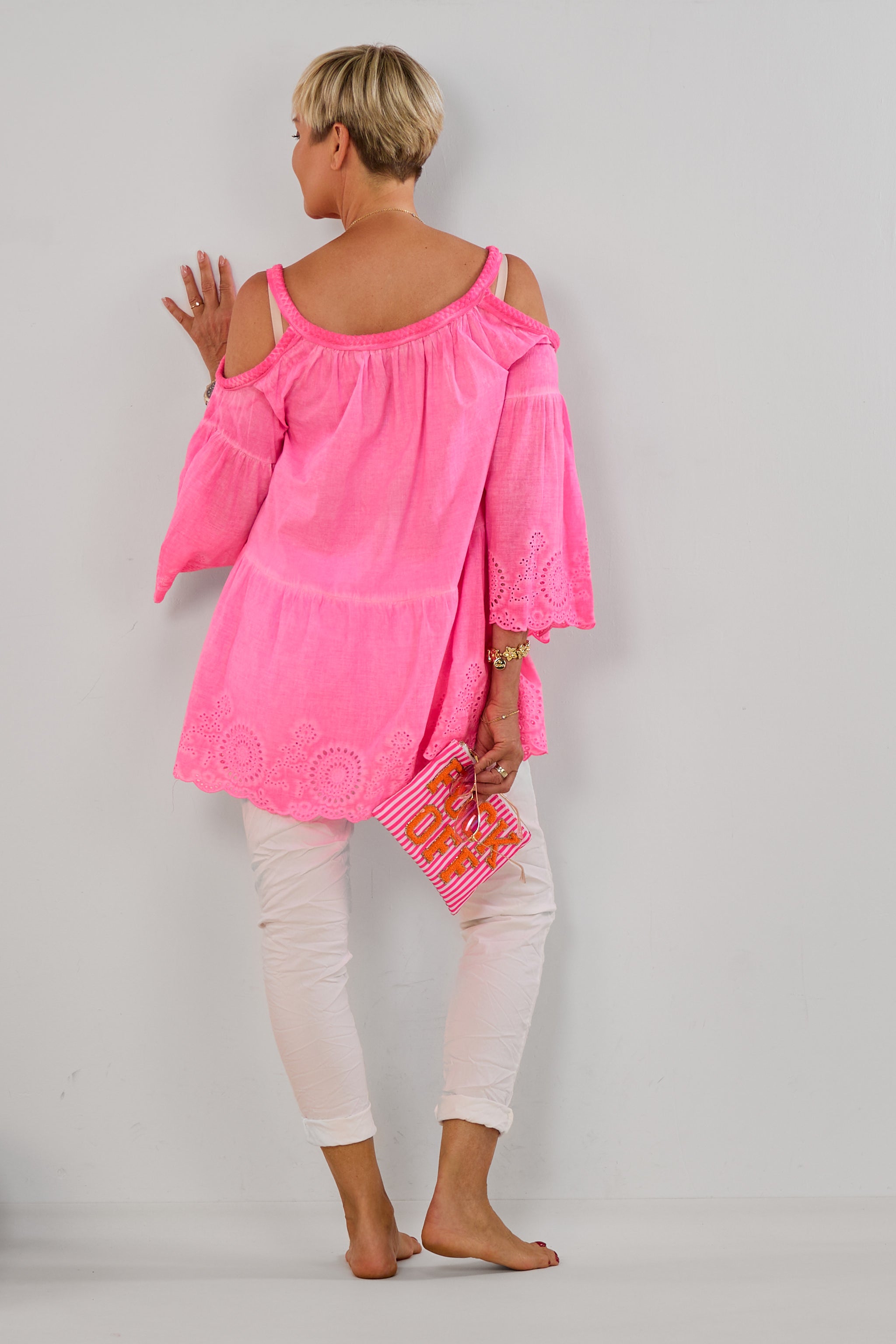 Schulterfreie Tunika Bluse, neon pink