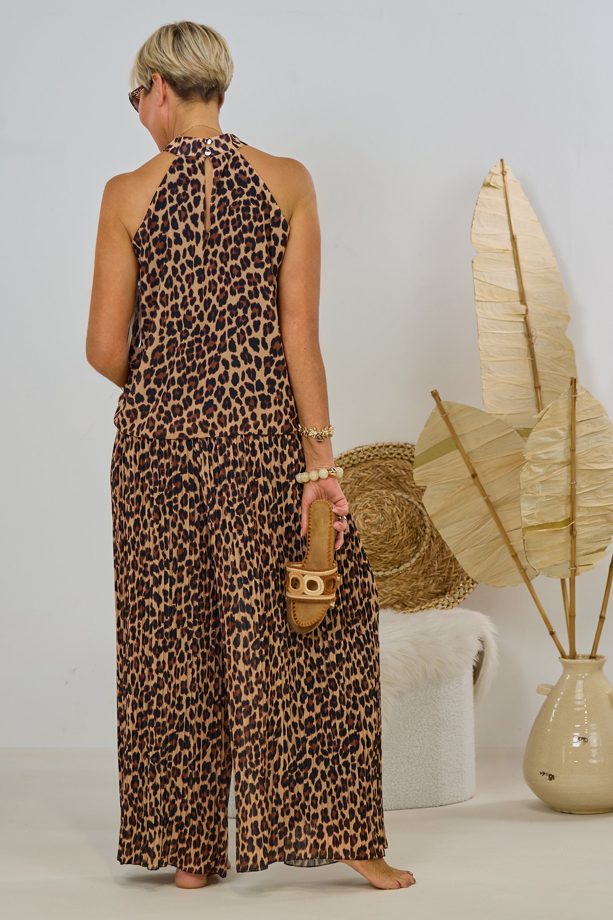 2-tlg. Set aus Neckholder und Plissée Hose, leo-braun-schwarz