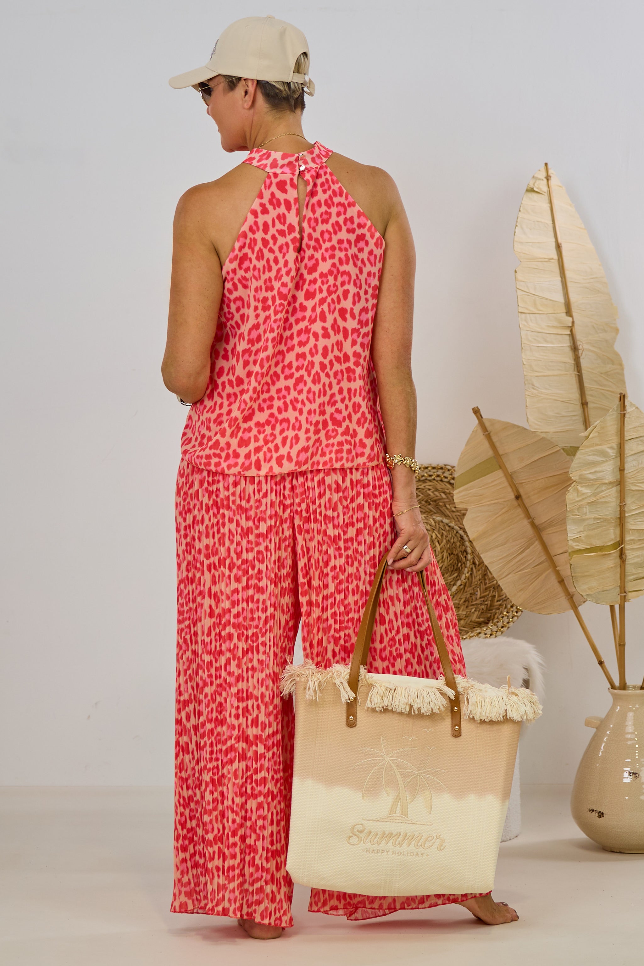 2-tlg. Set aus Neckholder und Plissée Hose, leo-beige-rot