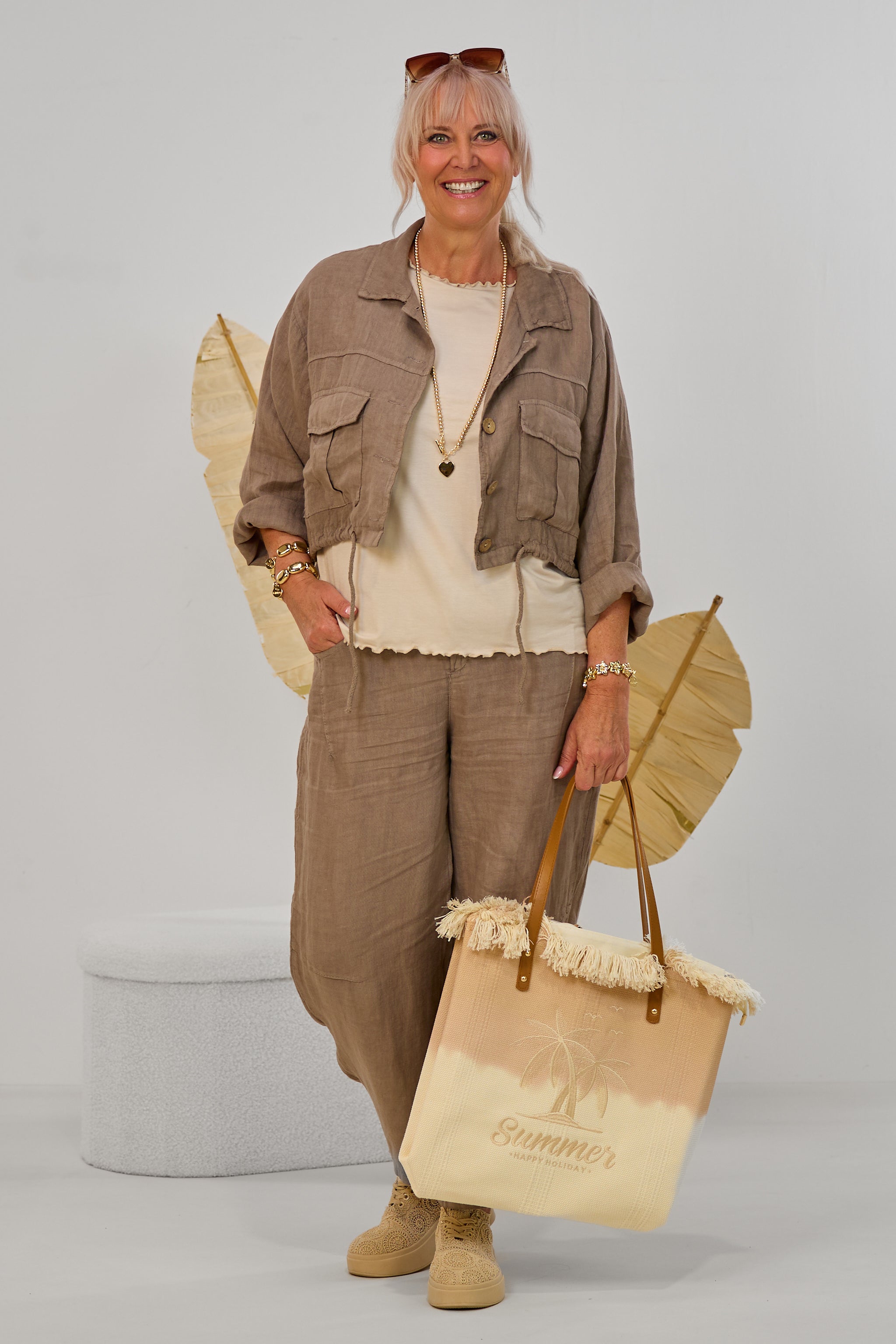 Leinen-Jacke mit Kordelzug, taupe