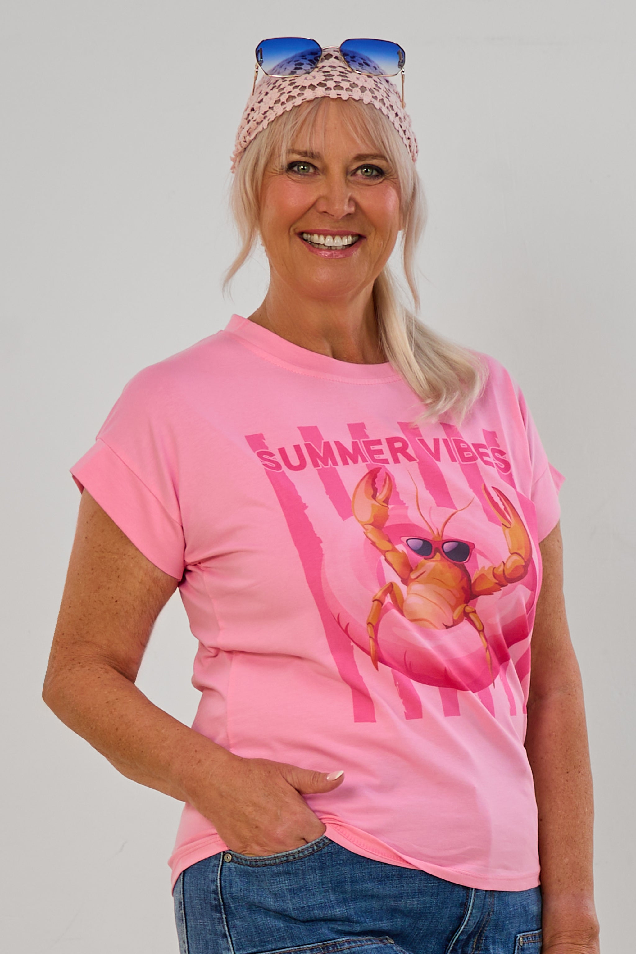 T-Shirt mit süßem Krebsmotiv, rosa-pink