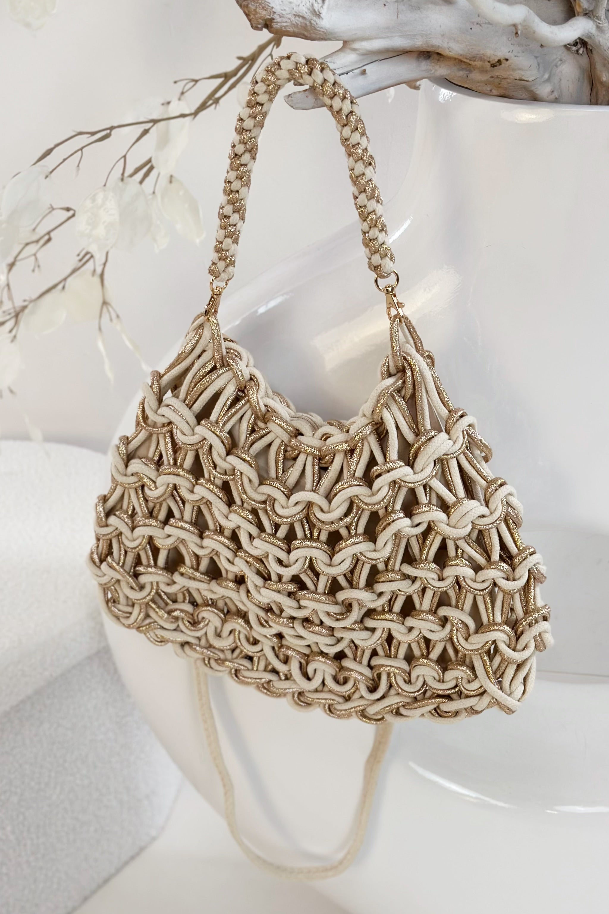 Tasche im Strick-Look, creme-gold